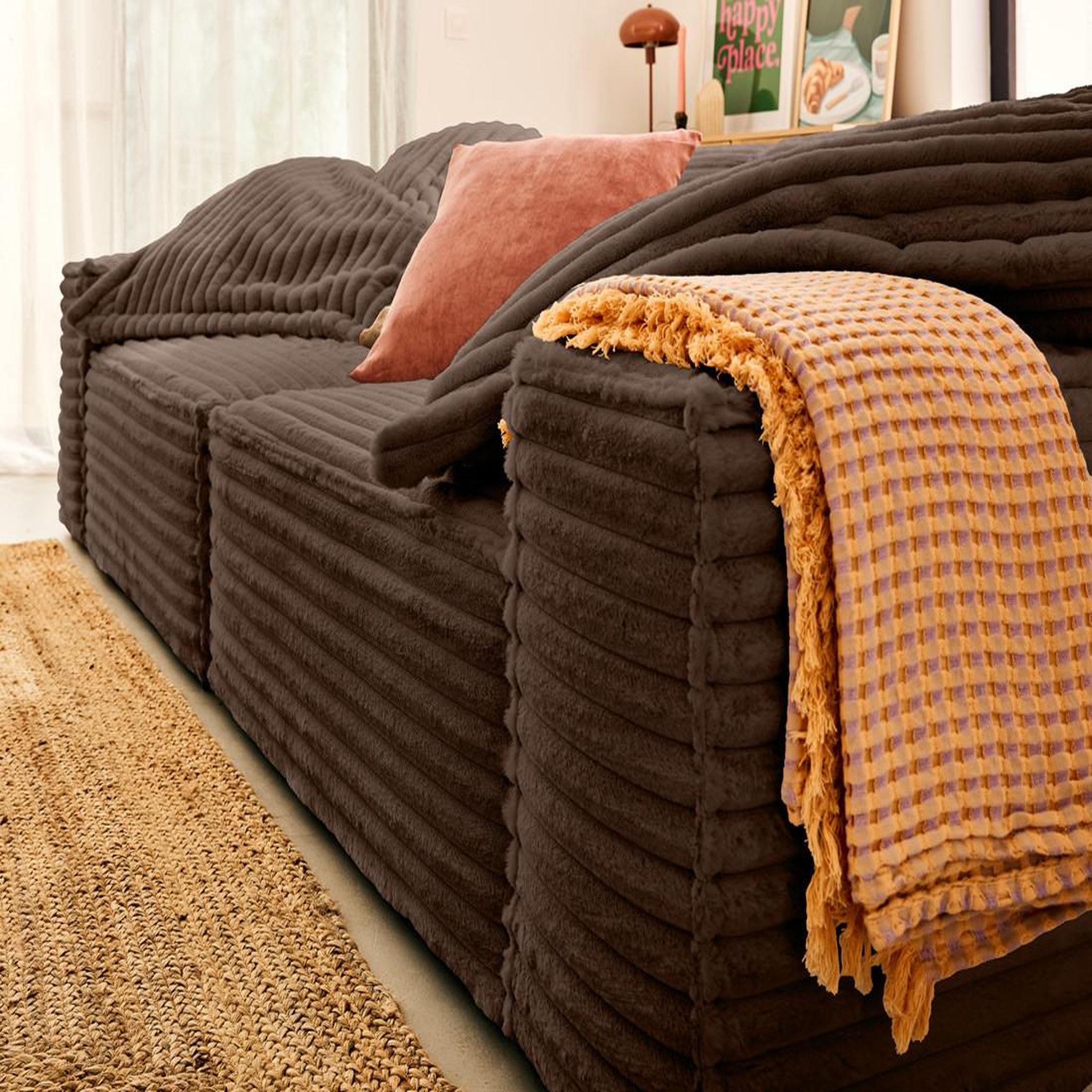 Voir la diapositive 4 : LISA DESIGN Richie - canapé droit 3 places avec double méridienne - assise profonde - en fausse fourrure côtelée