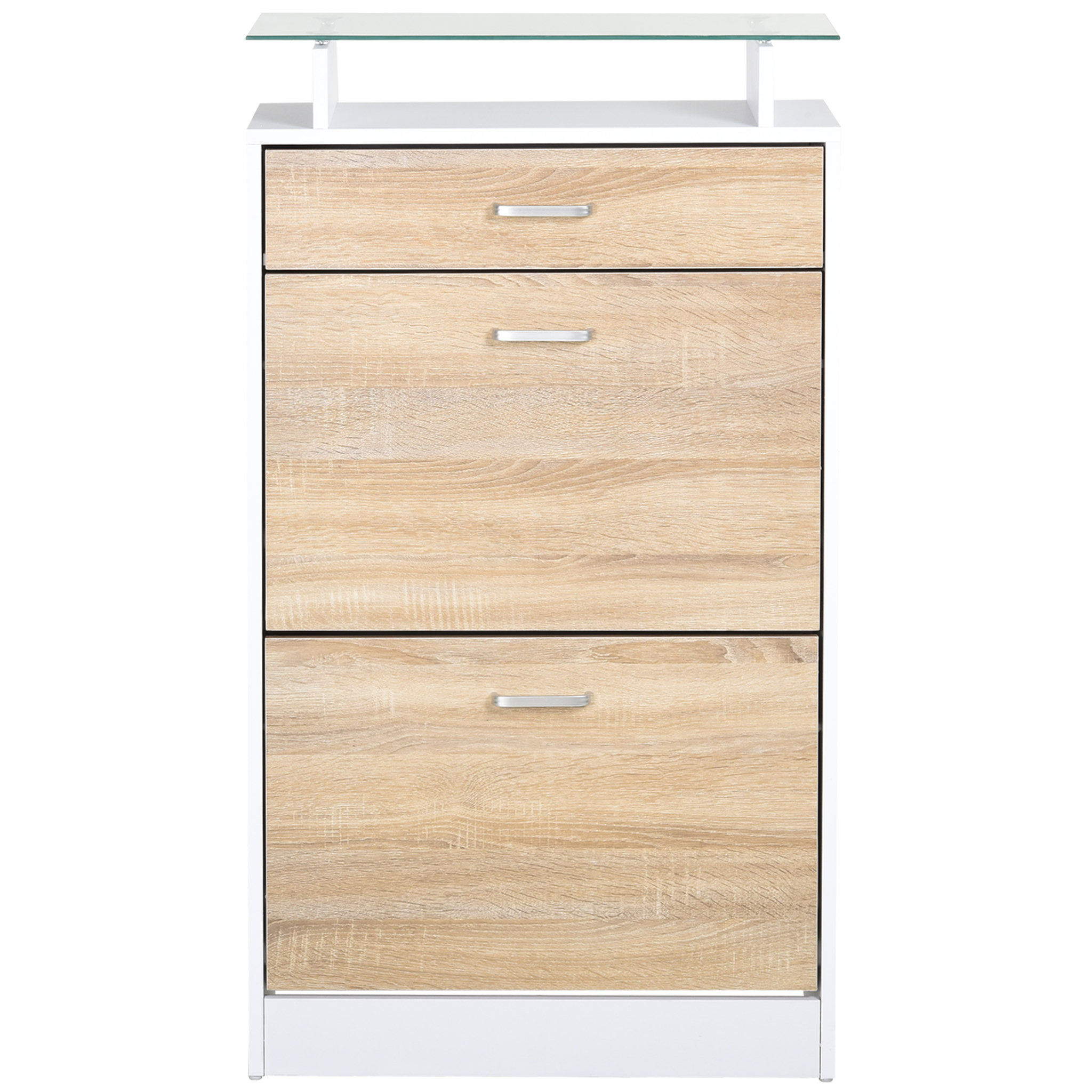 Voir la diapositive 4 : HOMCOM Armoire à chaussures organisateur de luxe pour chaussures 2 portes abattantes 2 compartiments, tiroir, étagère verre panneaux particules chêne blanc