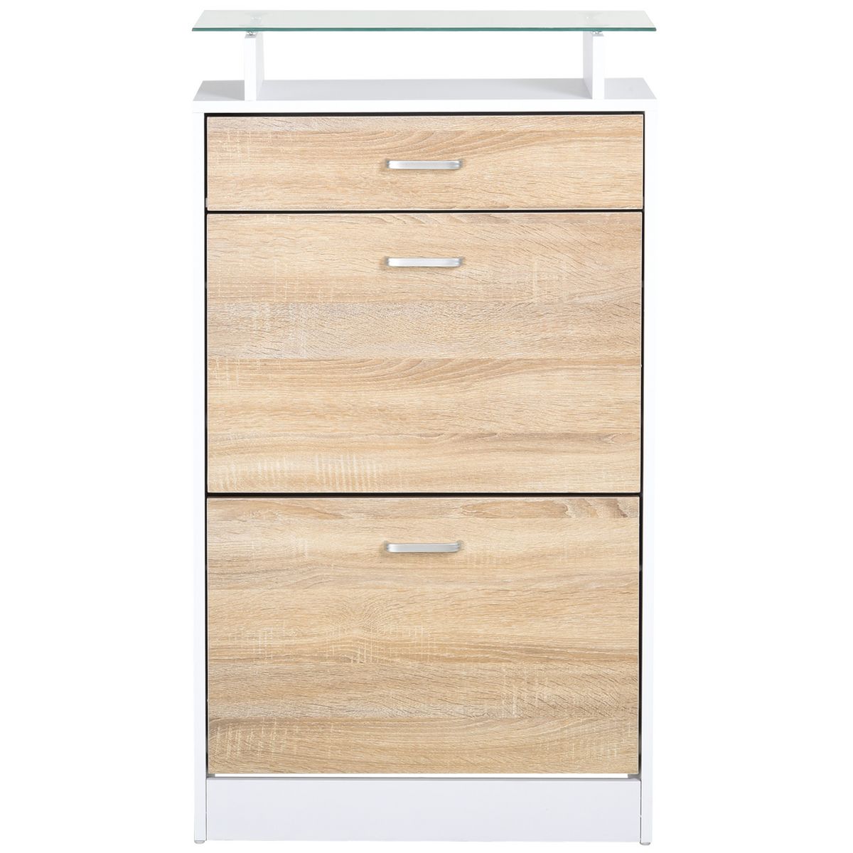 HOMCOM Armoire à chaussures organisateur de luxe pour chaussures 2 portes abattantes 2 compartiments, tiroir, étagère verre panneaux particules chêne blanc