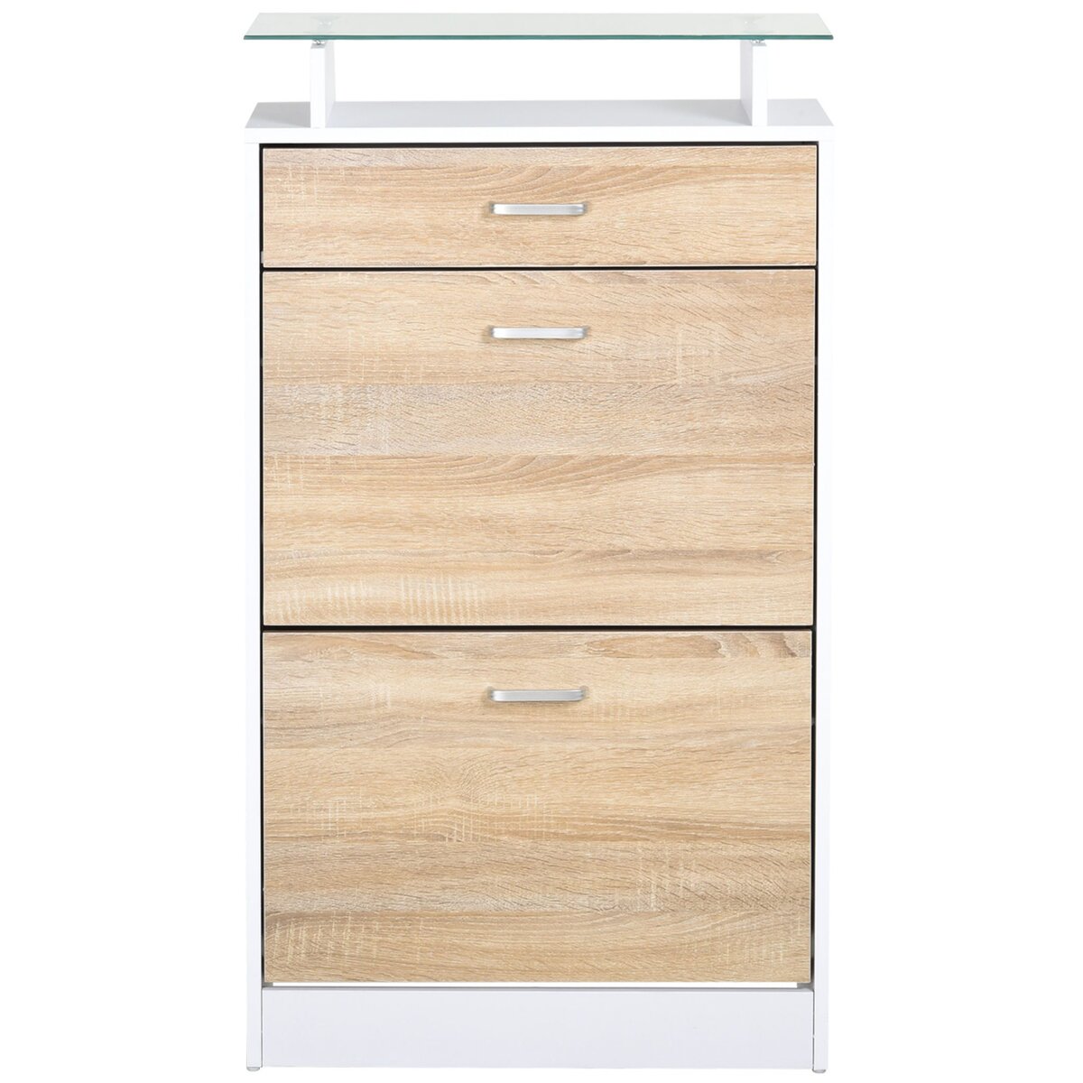 HOMCOM Armoire à chaussures organisateur de luxe pour chaussures 2 portes abattantes 2 compartiments, tiroir, étagère verre panneaux particules chêne blanc