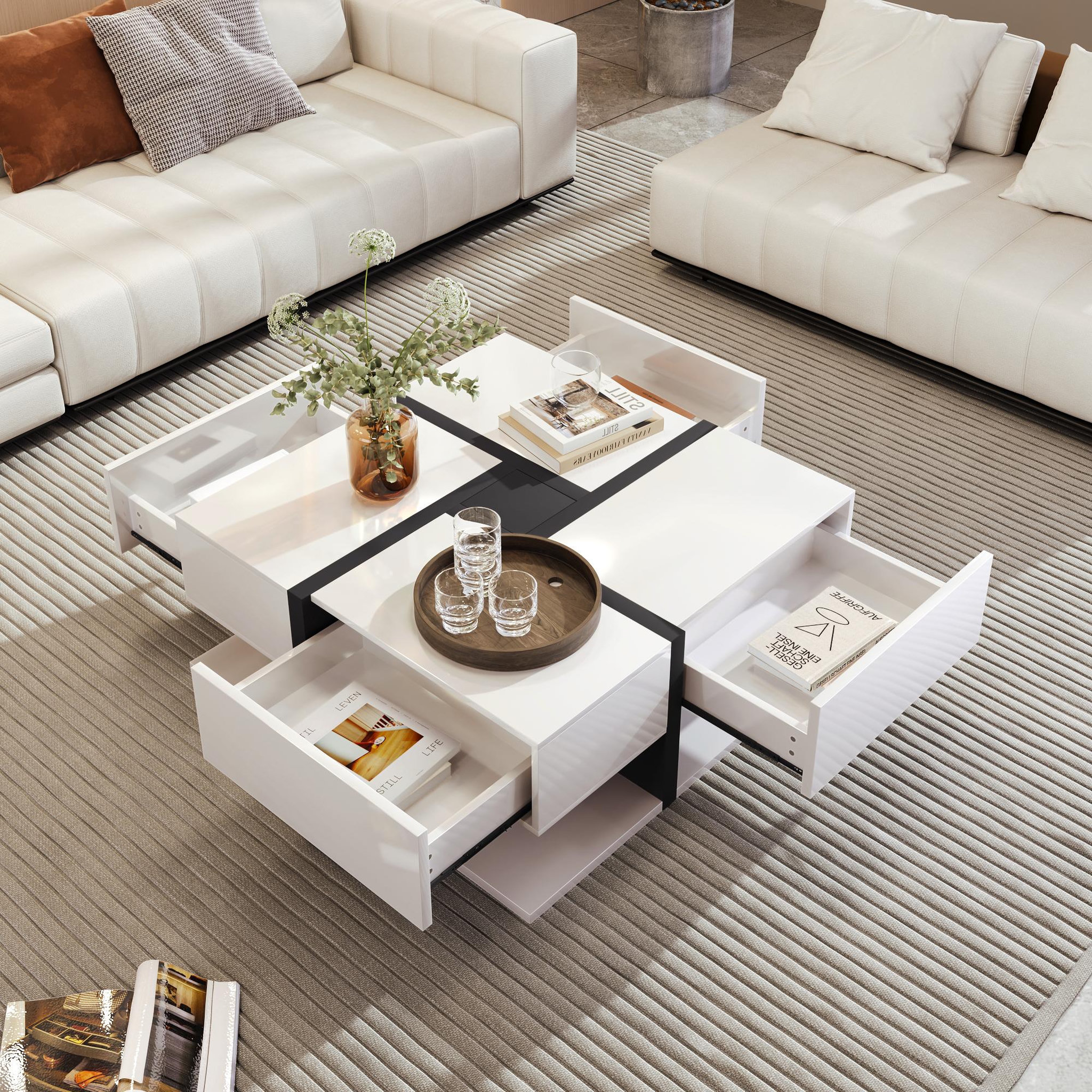 Voir la diapositive 3 : MERAX Table Basse Avec 4 Tiroirs 78 X 78 X 36cm
