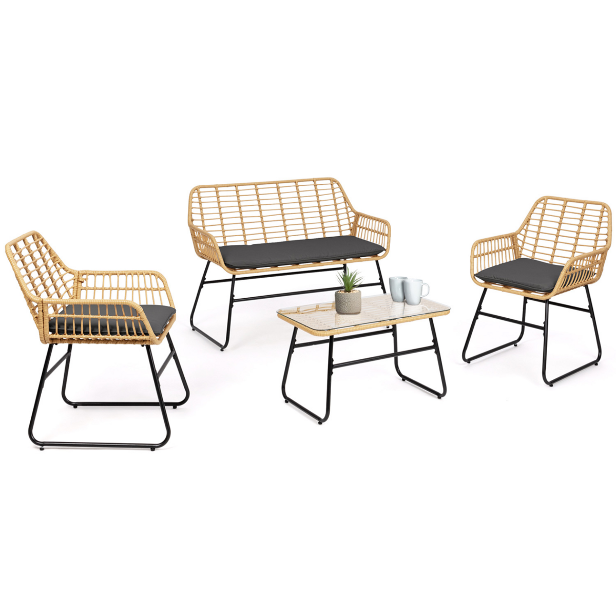 ID MARKET Salon de jardin bas BELEM imitation rotin 4 places avec coussins gris