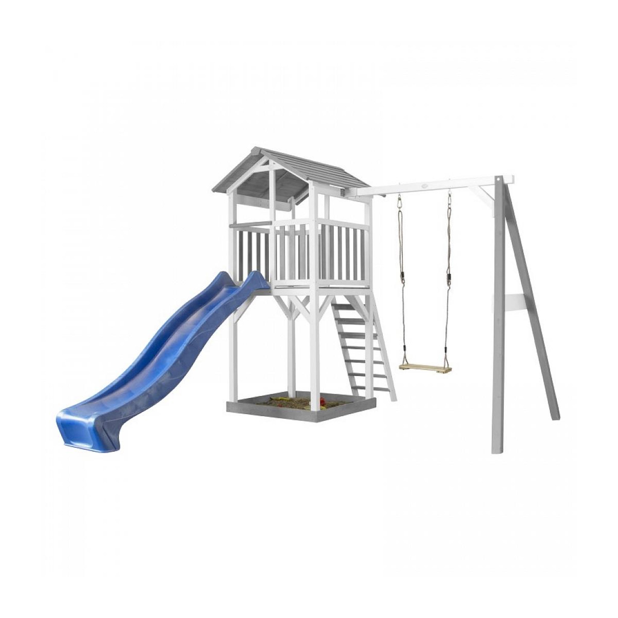 Axi House AXI Structure de jeu Beach Tower Gris Blanc avec 1 balancoire et toboggan Bleu