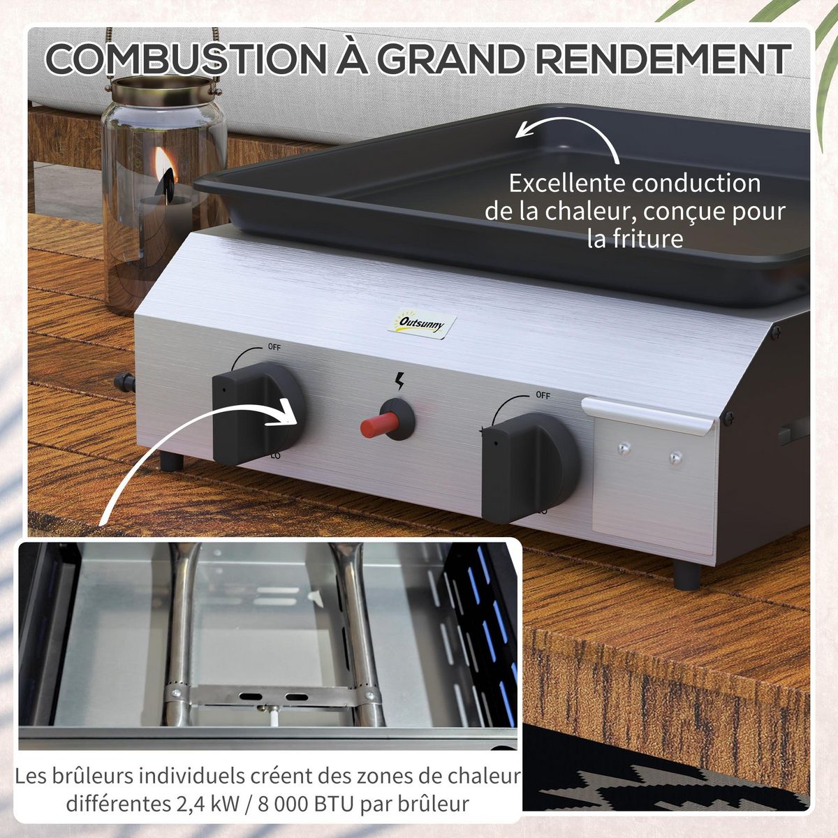 OUTSUNNY Plancha gaz portable antiadhésive 2 brûleurs 4,8 kW surface cuisson 40L x 34l cm acier inox émaillé