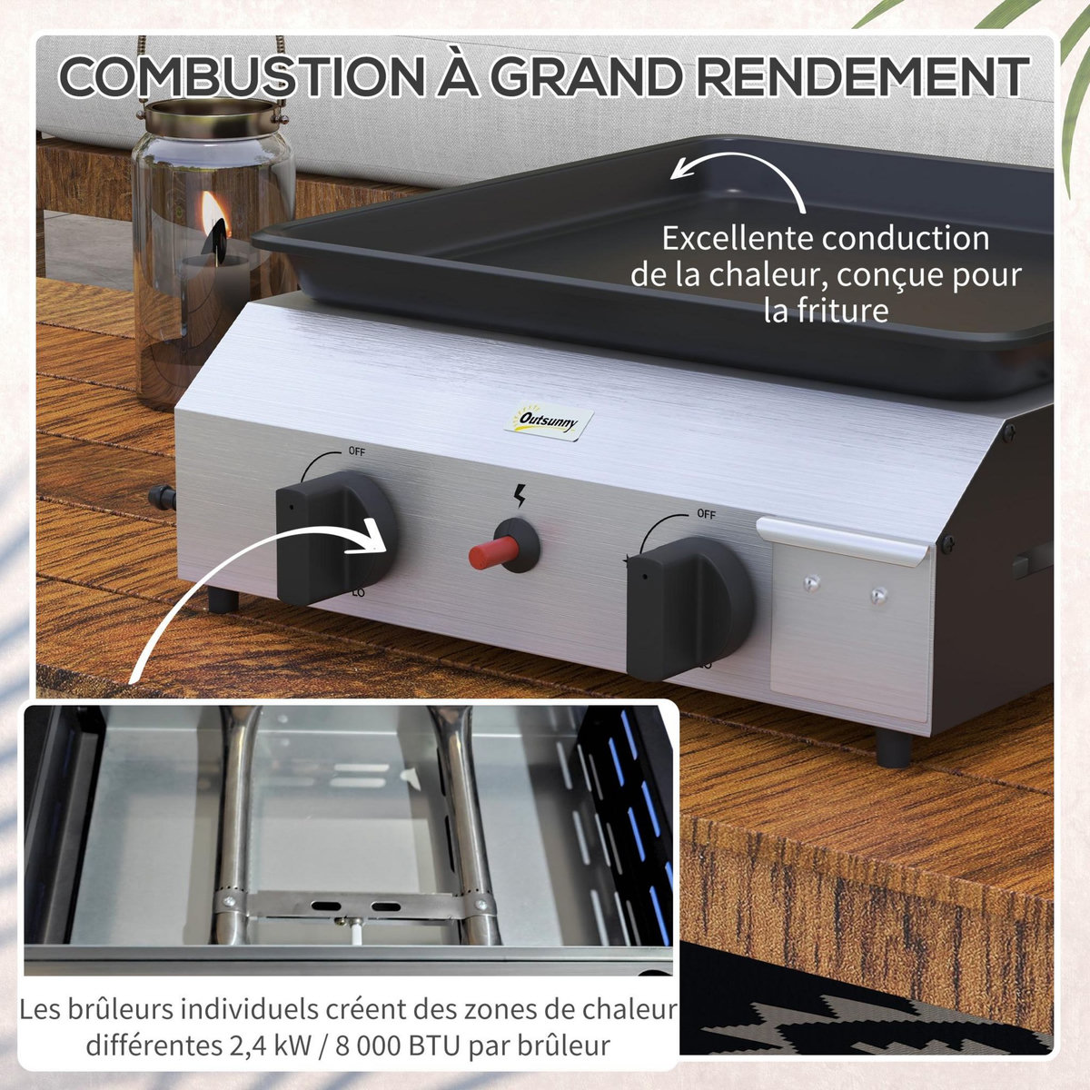OUTSUNNY Plancha gaz portable antiadhésive 2 brûleurs 4,8 kW surface cuisson 40L x 34l cm acier inox émaillé