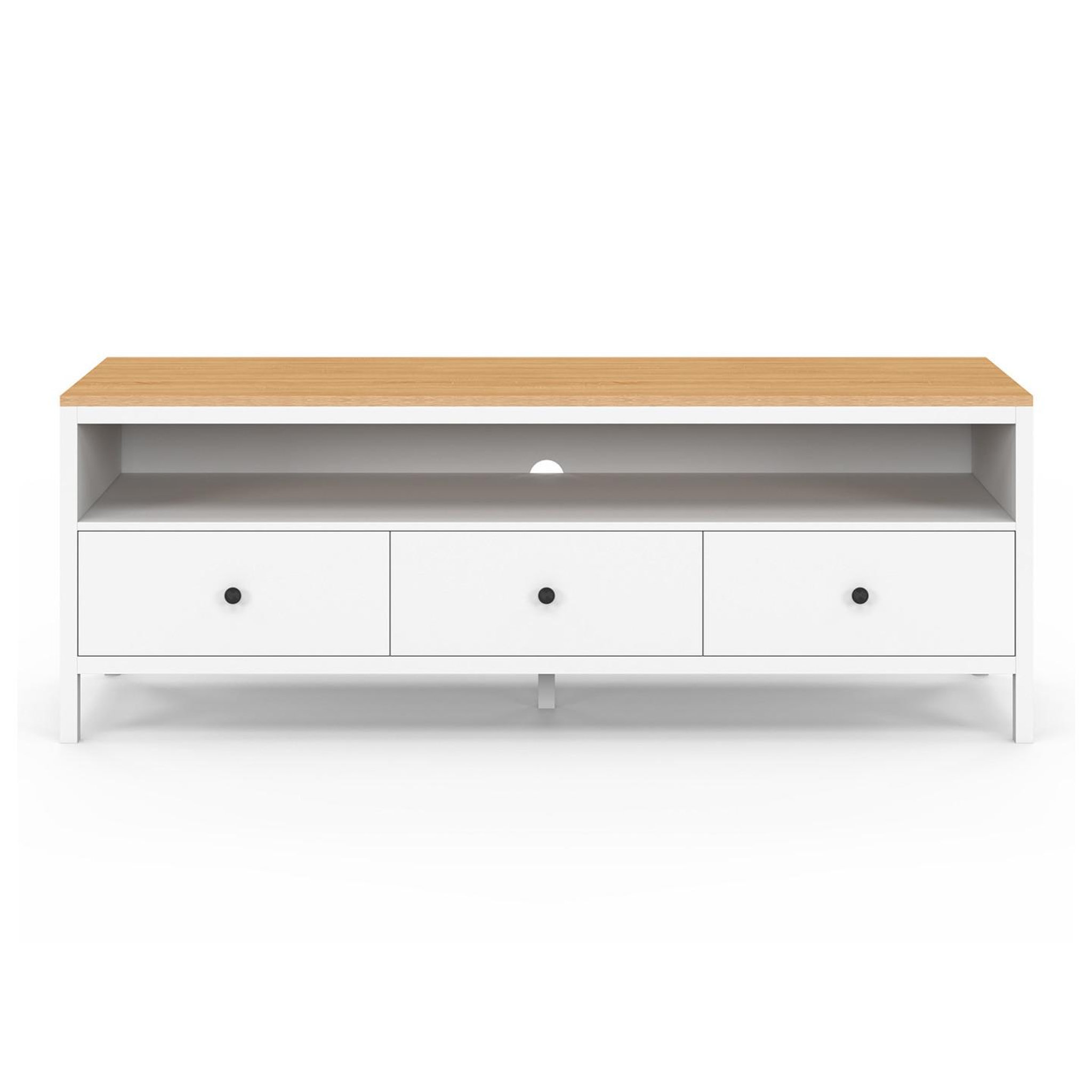 Voir la diapositive 3 : ID MARKET Meuble tv 140 cm achille 3 tiroirs blanc et plateau bois
