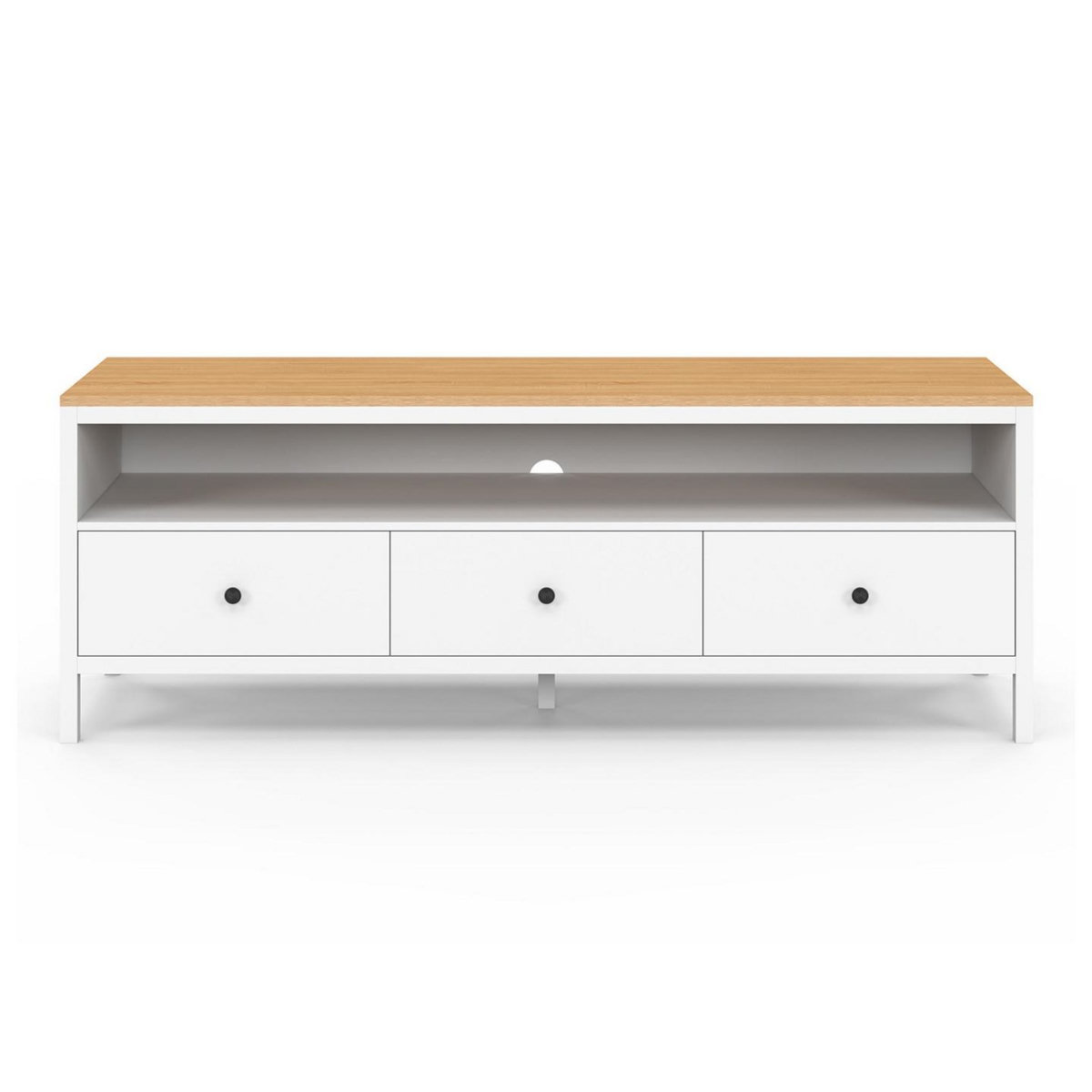 ID MARKET Meuble TV 140 cm ACHILLE 3 tiroirs blanc et plateau bois