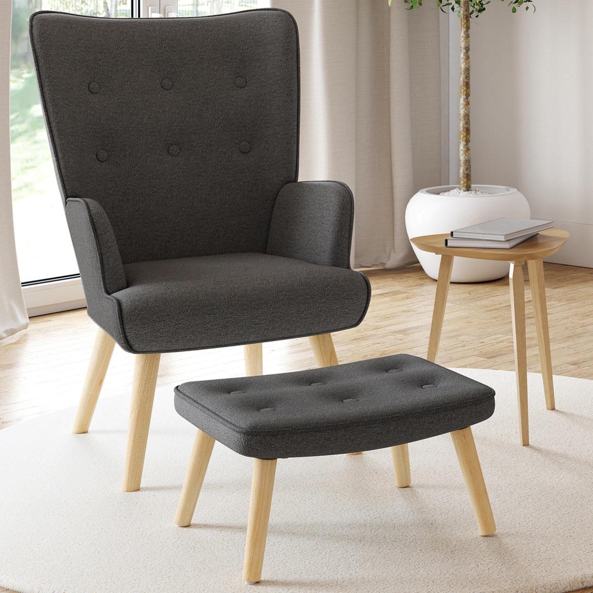 Voir la diapositive 2 : ID MARKET Fauteuil scandinave ivar avec repose pieds gris anthracite