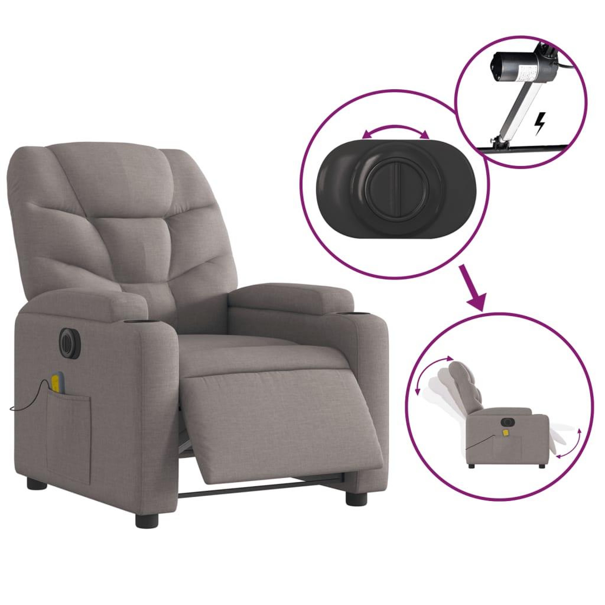 Voir la diapositive 5 : VIDAXL Fauteuil de massage inclinable electrique Taupe Tissu