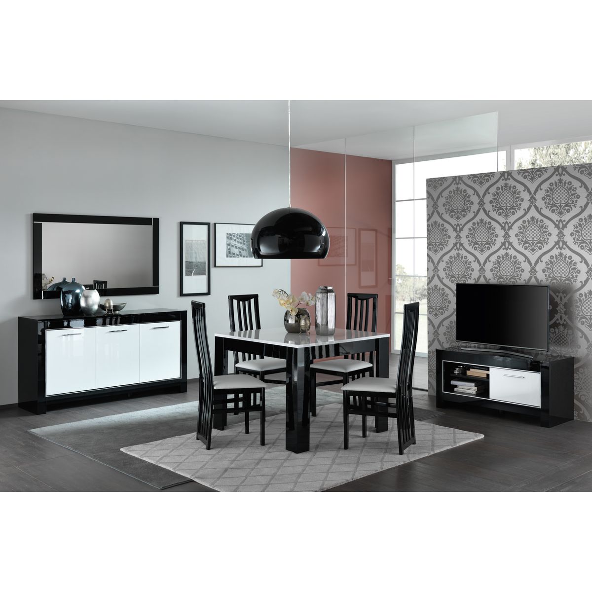 Table de séjour moderne laquée brillante bicolore L190cm MILANO