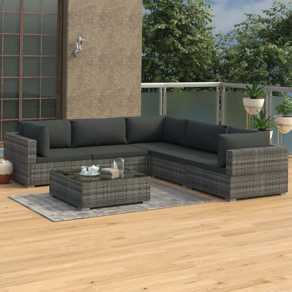 VIDAXL Salon de jardin 6 pcs avec coussins resine tressee gris