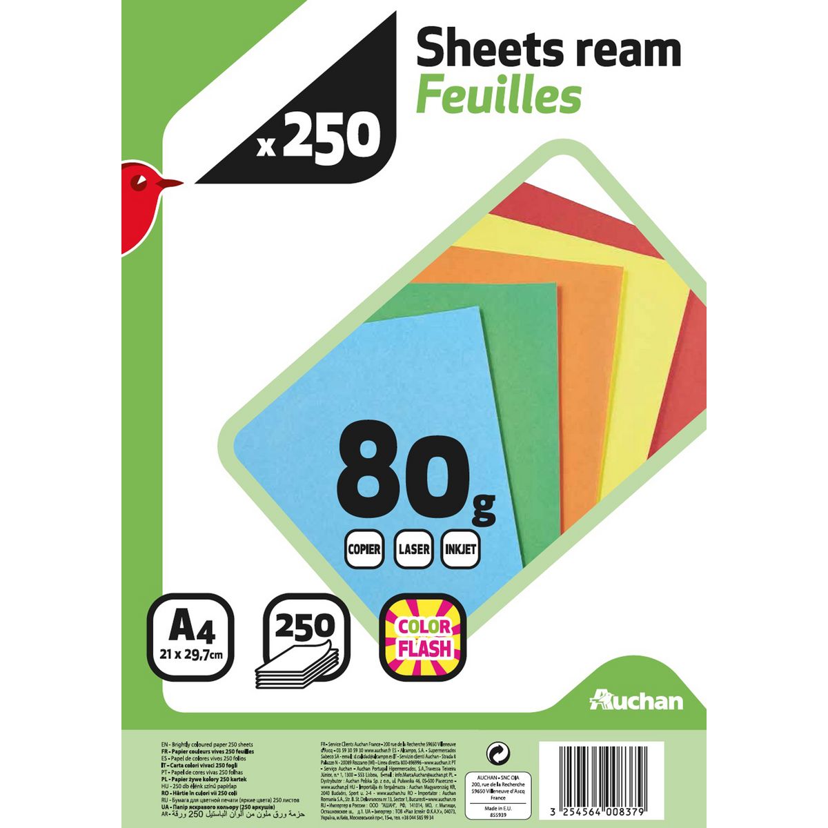 AUCHAN Ramette de 250 feuilles couleurs vives 21x29,7cm 80g