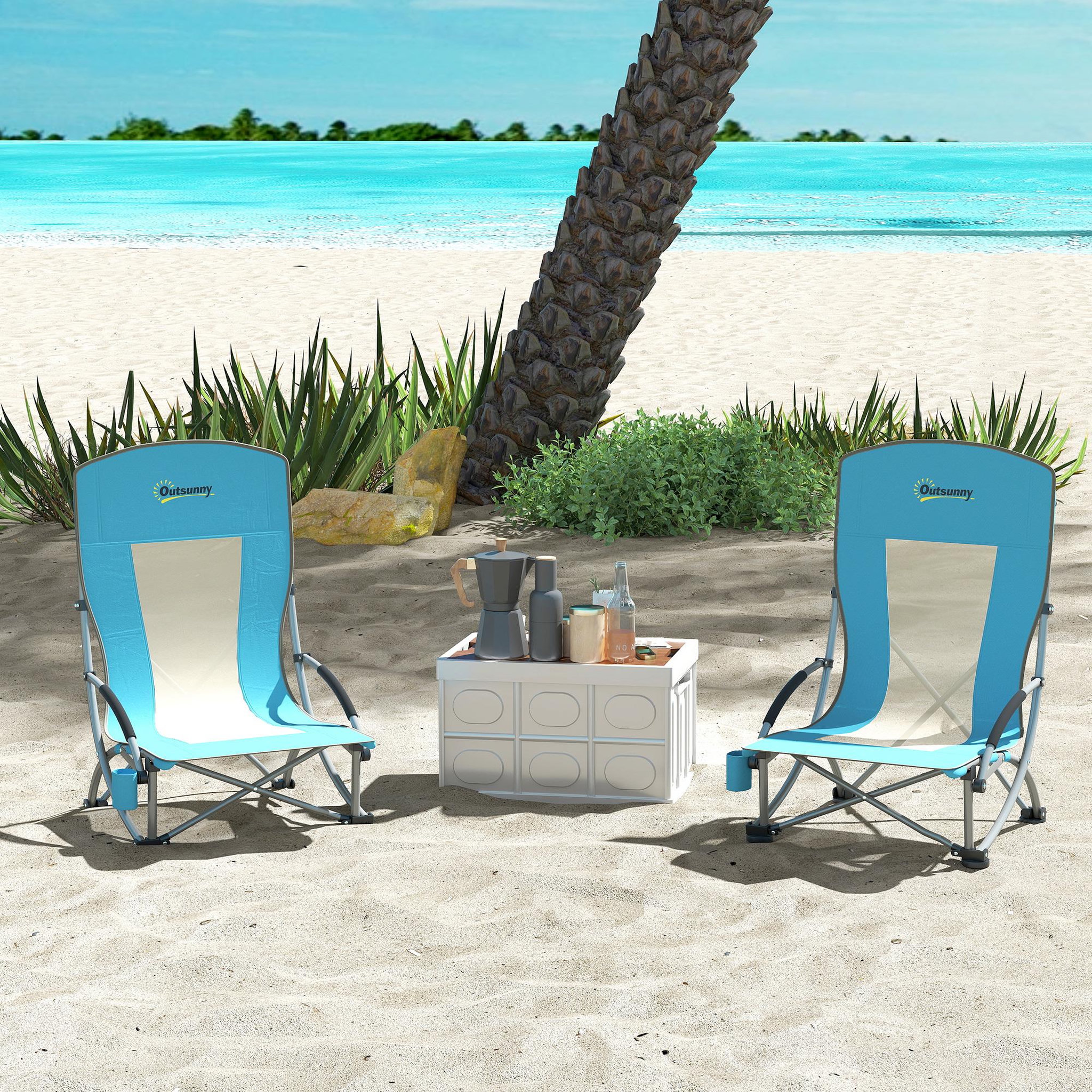 Voir la diapositive 2 : OUTSUNNY Lot de 2 chaises de plage pliantes - chaise de camping compacte légère poids net 2,7 Kg - métal polyester textilène bleu