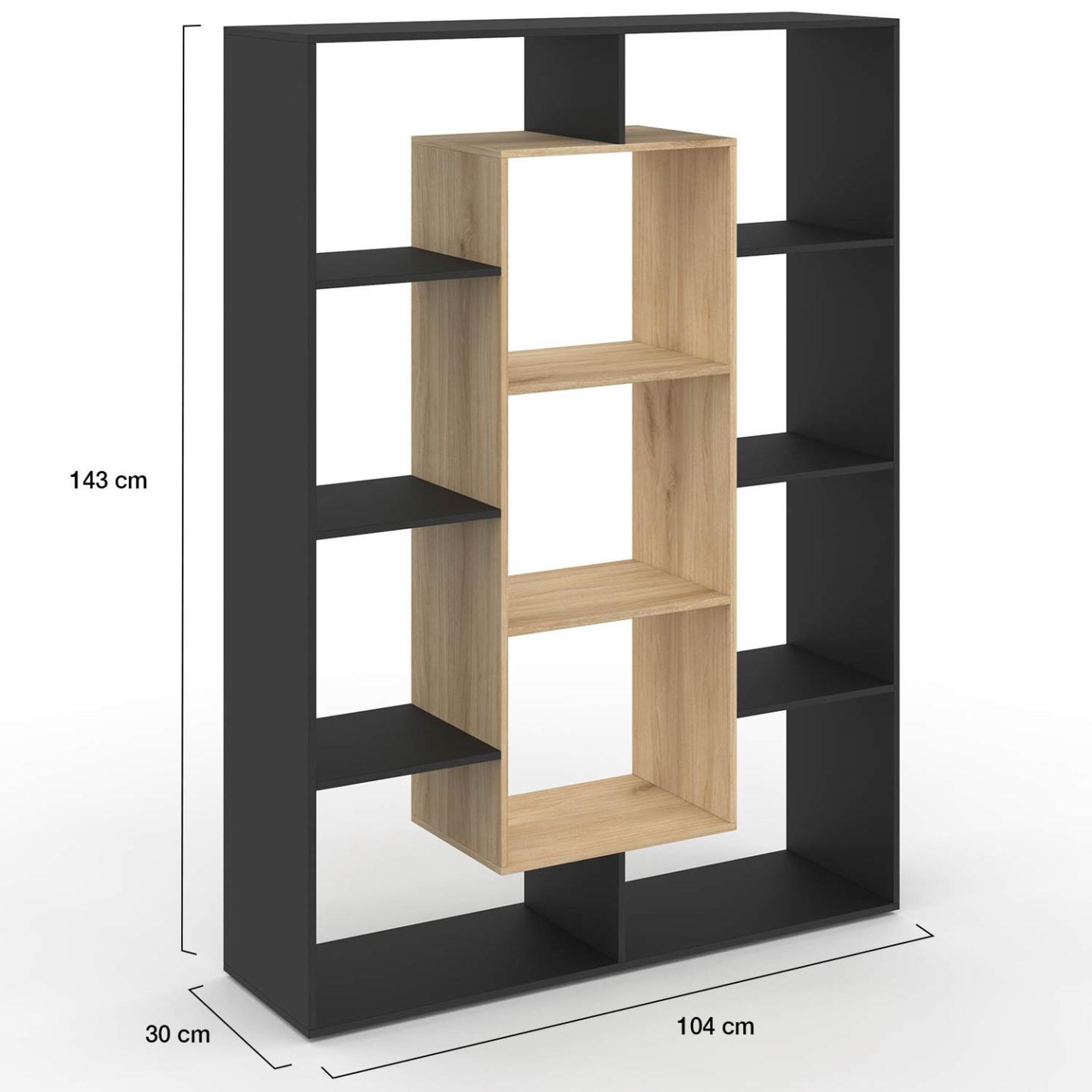 Voir la diapositive 4 : ID MARKET Etagère bibliothèque colette avec 11 compartiments noir et effet bois 143 cm