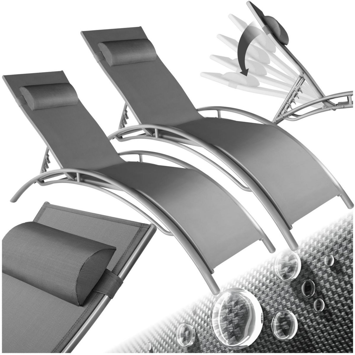 tectake Lot de 2 transats de jardin en acier avec assise en textilène gris