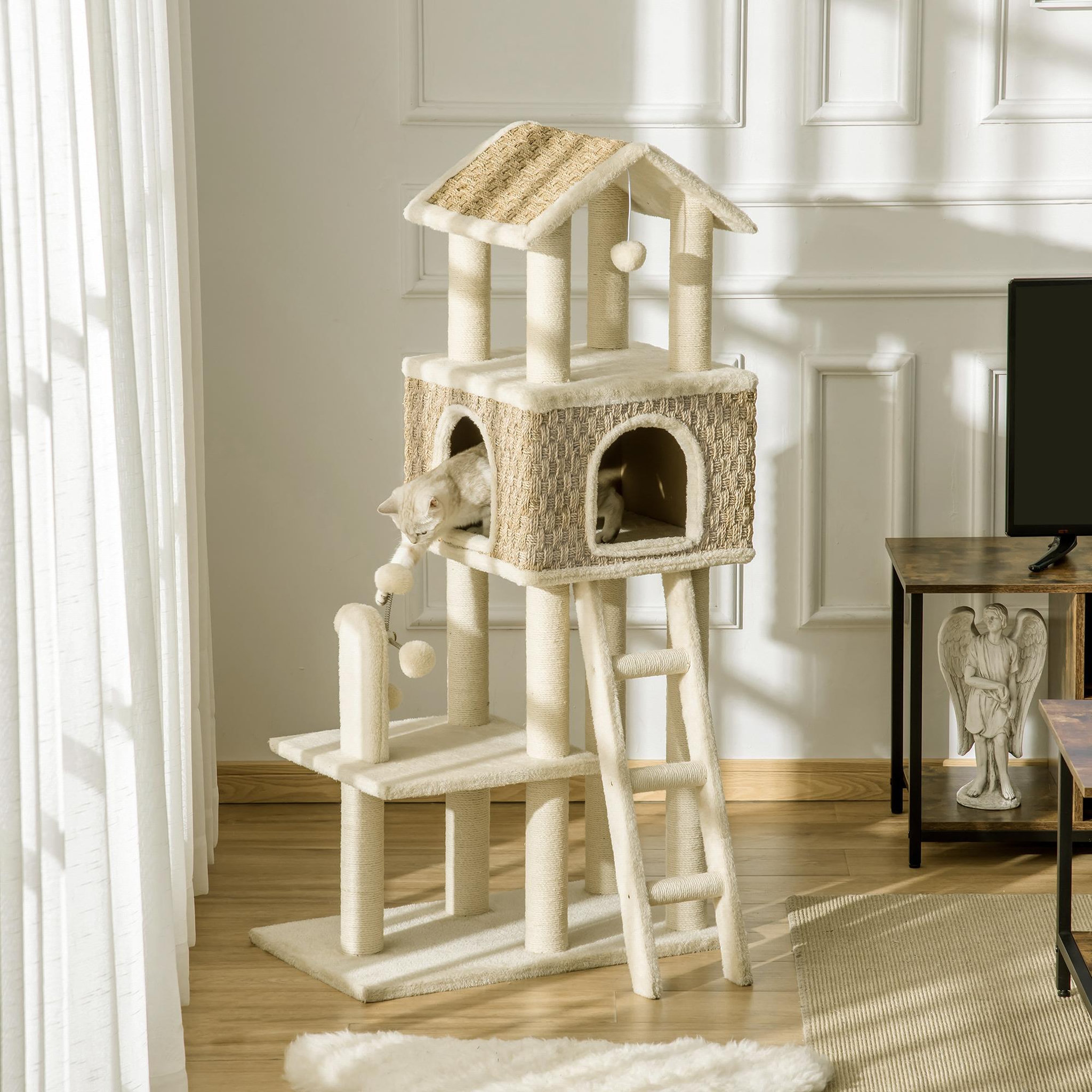 Voir la diapositive 2 : PAWHUT Arbre à chats style cosy chic griffoirs sisal naturel grande niche plateforme échelle jeu boules tourniquet peluche courte cordes d'algues tressées