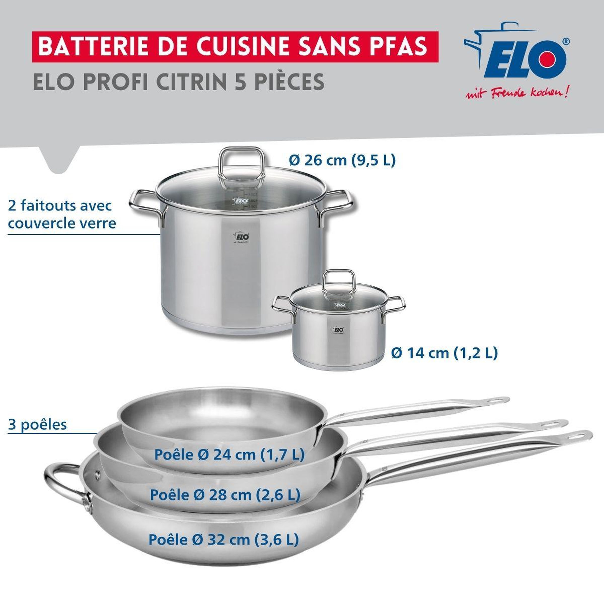 Voir la diapositive 2 : 666 Barcelona Ensemble de 3 Poêles de cuisson 24, 28 et 32 cm et 2 faitouts 14 et 26 cm Elo Profi Citrin