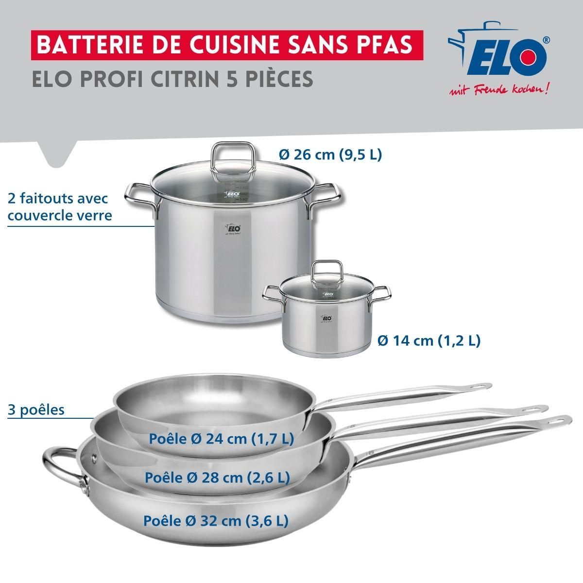 666 Barcelona Ensemble de 3 Poêles de cuisson 24, 28 et 32 cm et 2 faitouts 14 et 26 cm Elo Profi Citrin