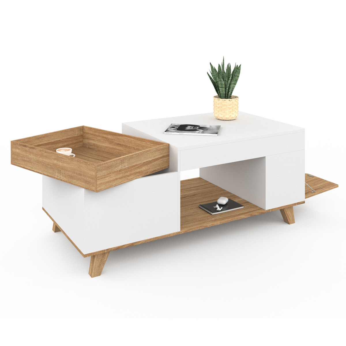 ID MARKET Table basse rectangulaire plateau relevable et plateau amovible avec coffre LOLA bois et blanc