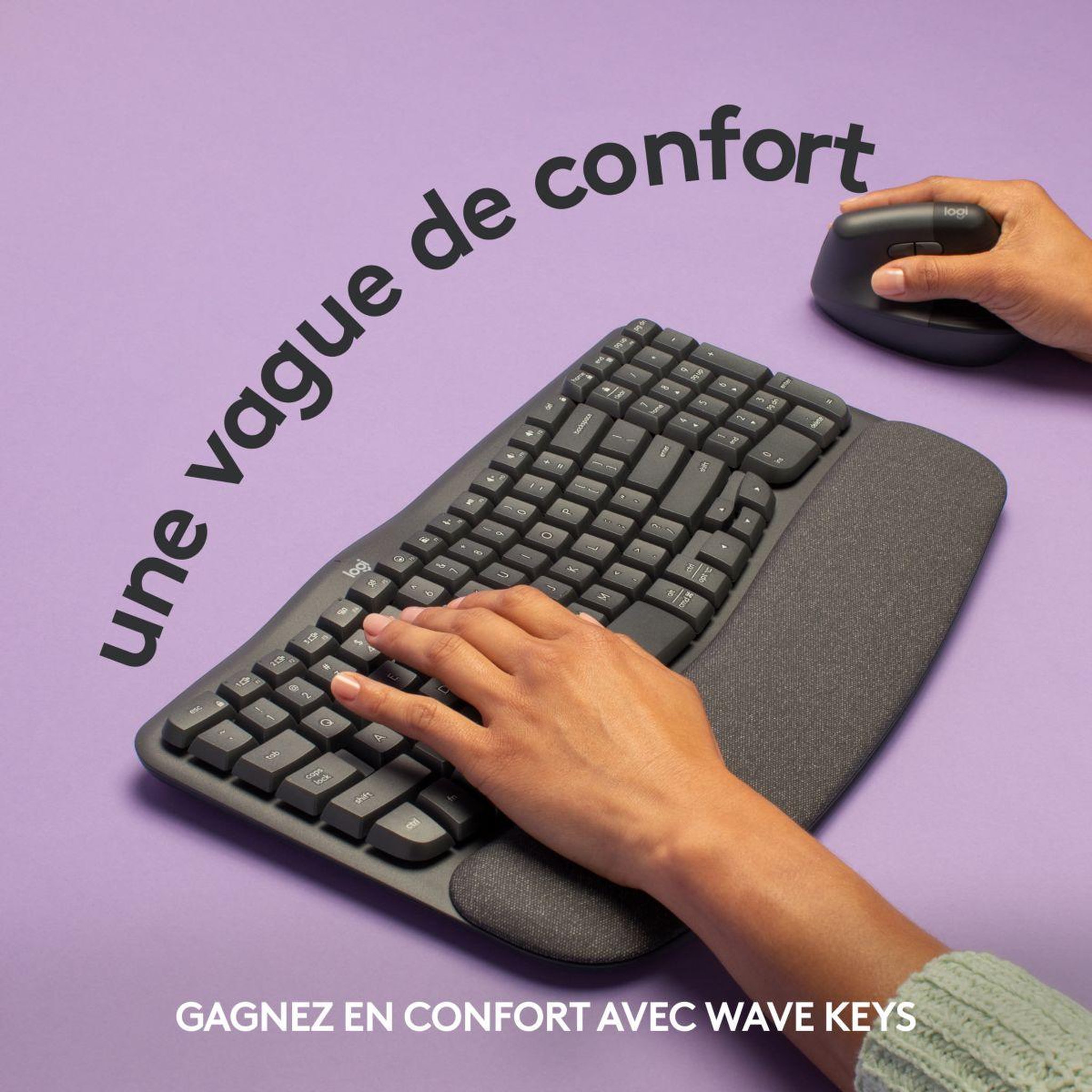 Voir la diapositive 2 : Logitech Clavier sans fil Wave Keys ergonomique +  repose poignets