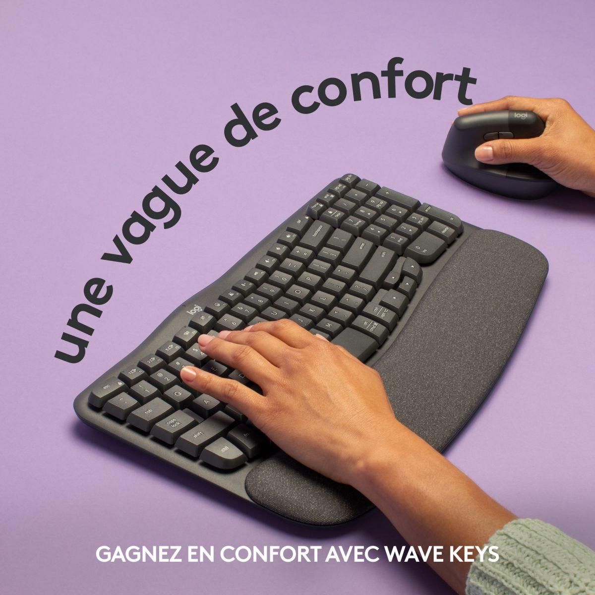 Logitech Clavier sans fil Wave Keys ergonomique +  repose poignets
