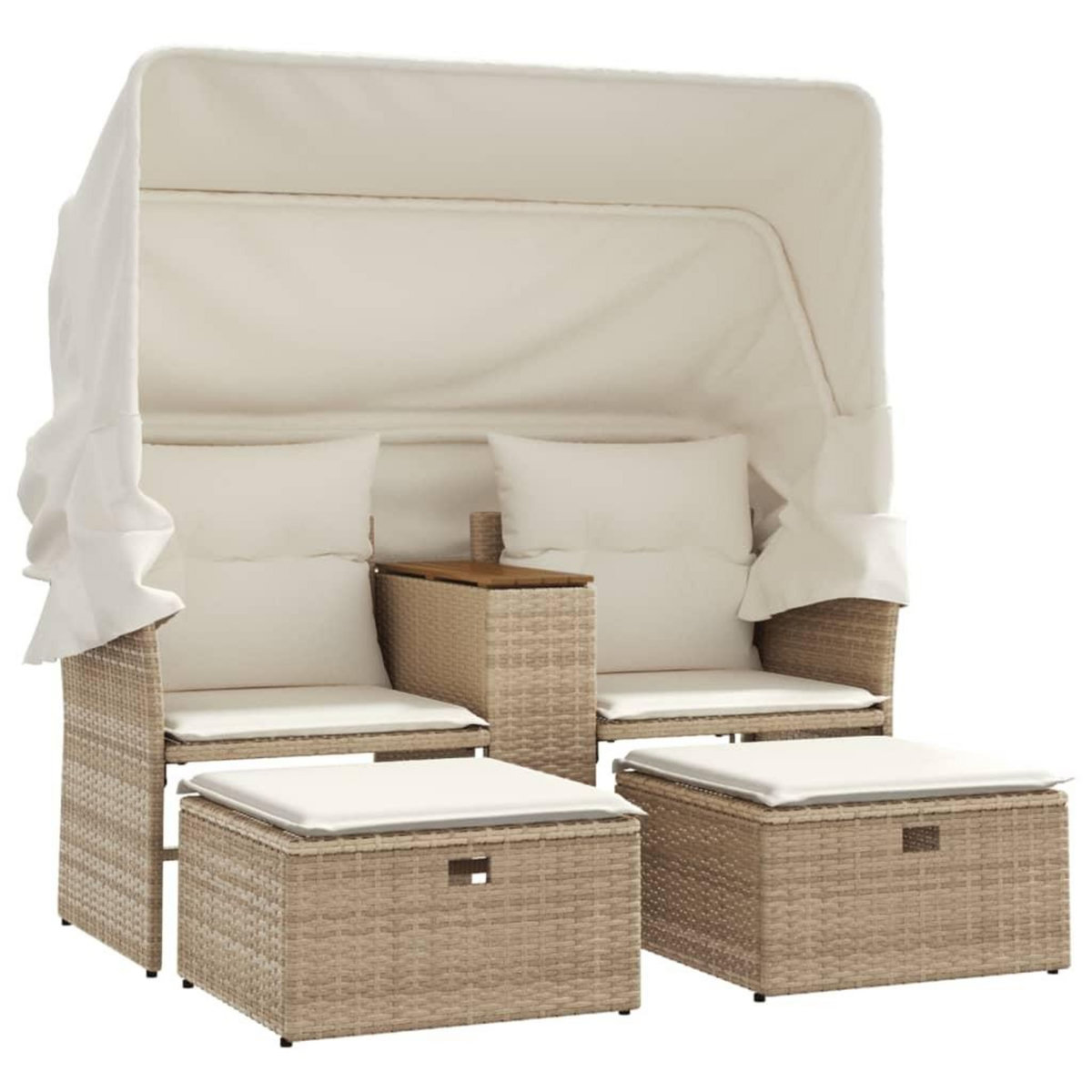 VIDAXL Canape de jardin 2 places avec auvent et tabourets beige rotin