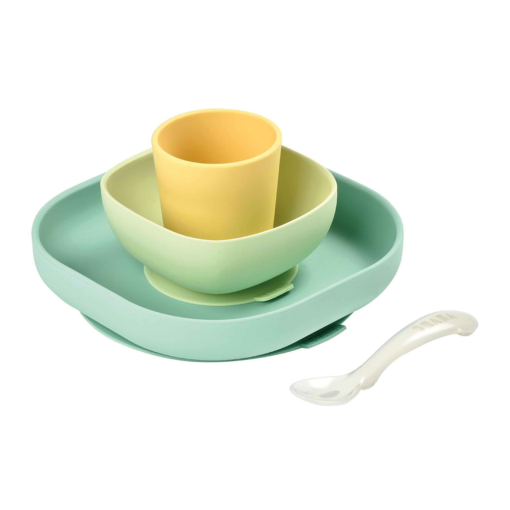 Voir la diapositive 1 : BEABA Set vaisselle silicone 4 pièces - jaune