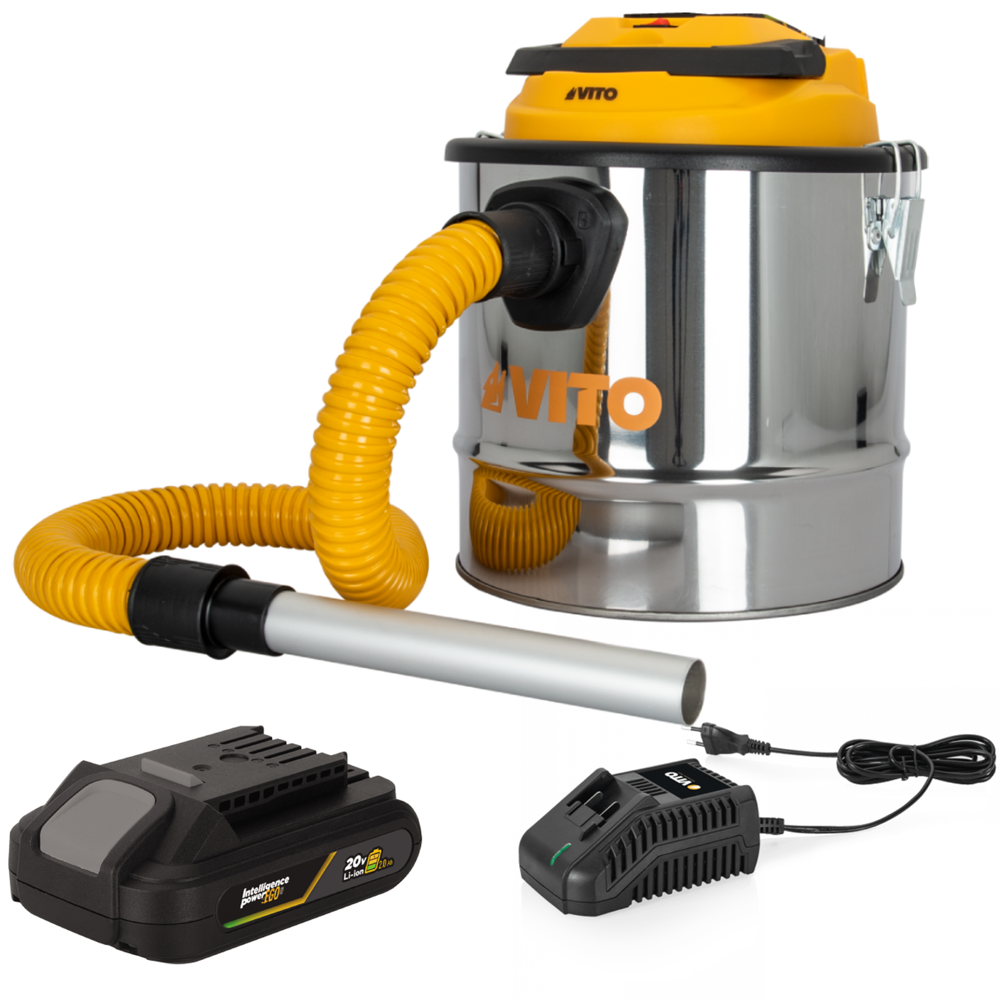 VITO Aspirateur de cendres 20v + batterie lithium 2ah cuve inox 12l + filtre hepa + chargeur vito