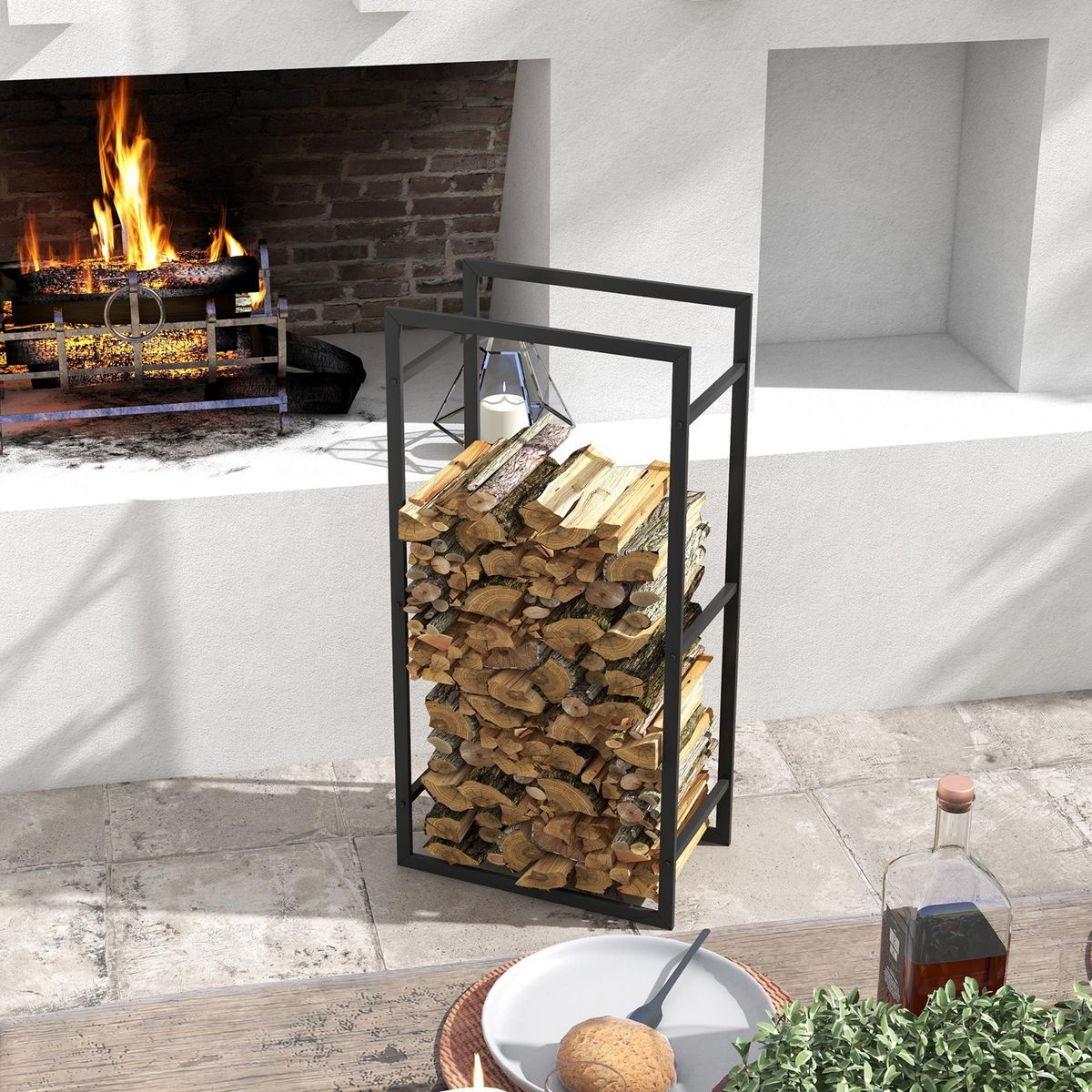 OUTSUNNY Porte bûches range bûches vertical en métal intérieur extérieur 50 x 30 x 100 cm noir