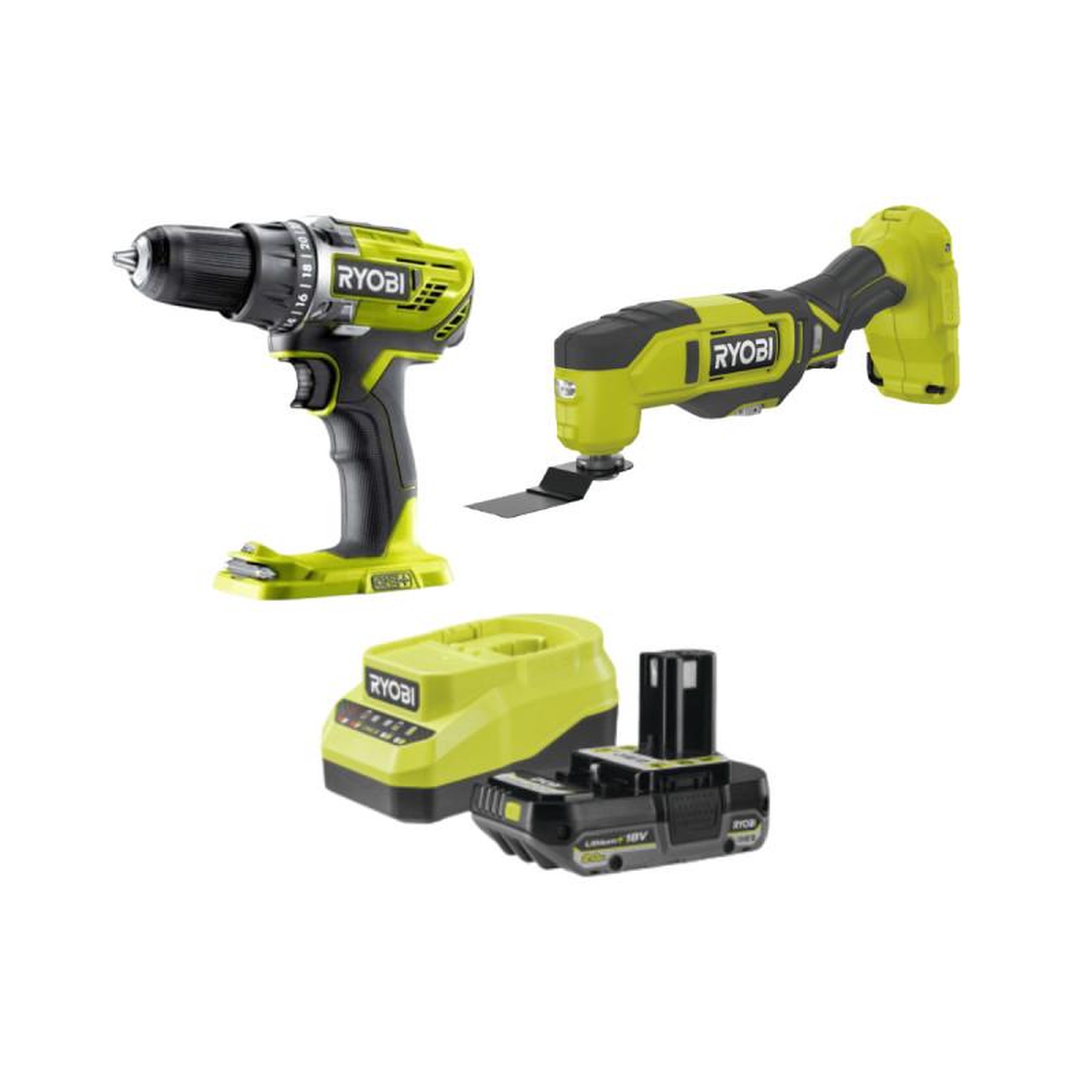 Ryobi Pack 2 outils perceuse-visseuse et outil multifonction ryobi 18v one+ - avec batterie 2,0ah et char