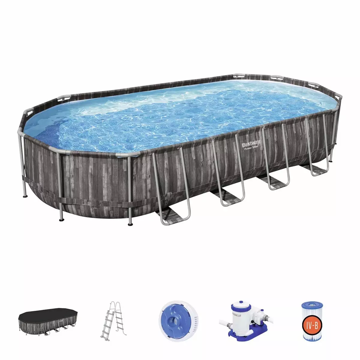 Alice's Garden Kit piscine géante complet BESTWAY – Spinelle – piscine ovale tubulaire 7x3 m motif aspect bois. pompe de filtration. échelle. bâche de protection. diffuseur ChemConnect