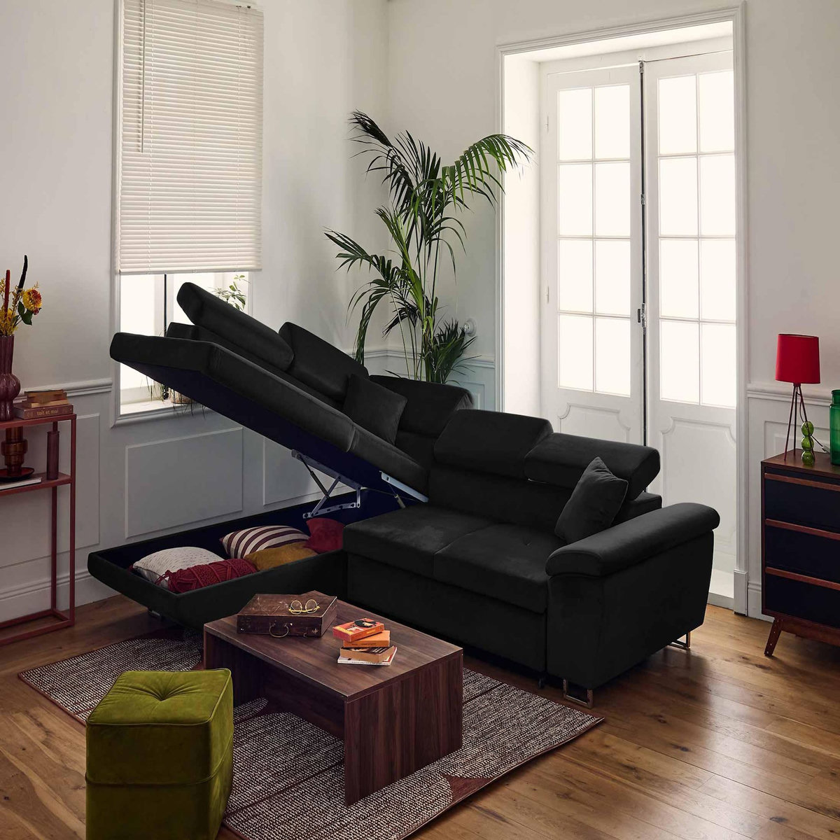 BEST MOBILIER Dimas - canapé d'angle gauche 5 places - convertible avec coffre et têtières réglables - en velours