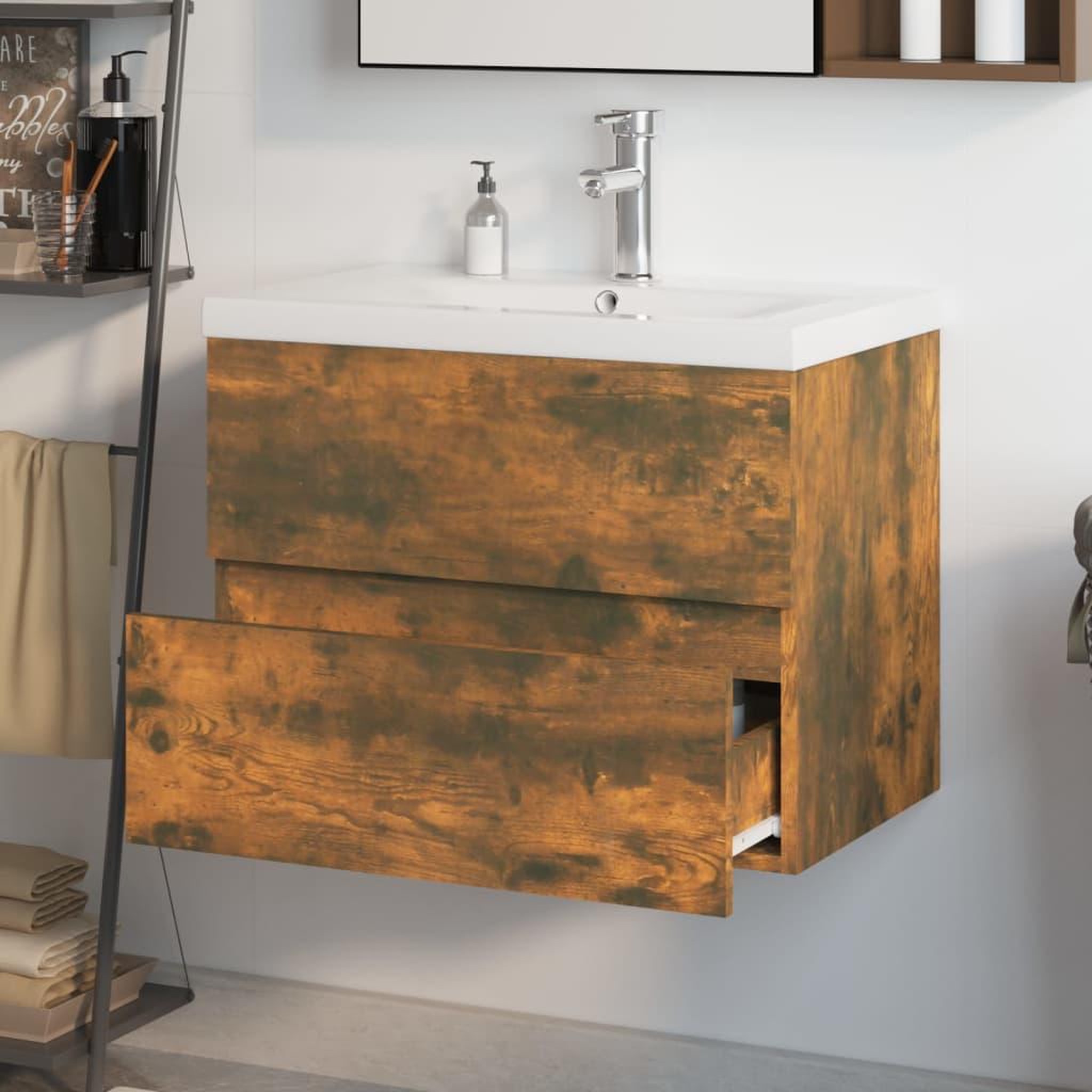 Voir la diapositive 4 : VIDAXL Meuble lavabo avec bassin integre Chene fume Bois d'ingenierie