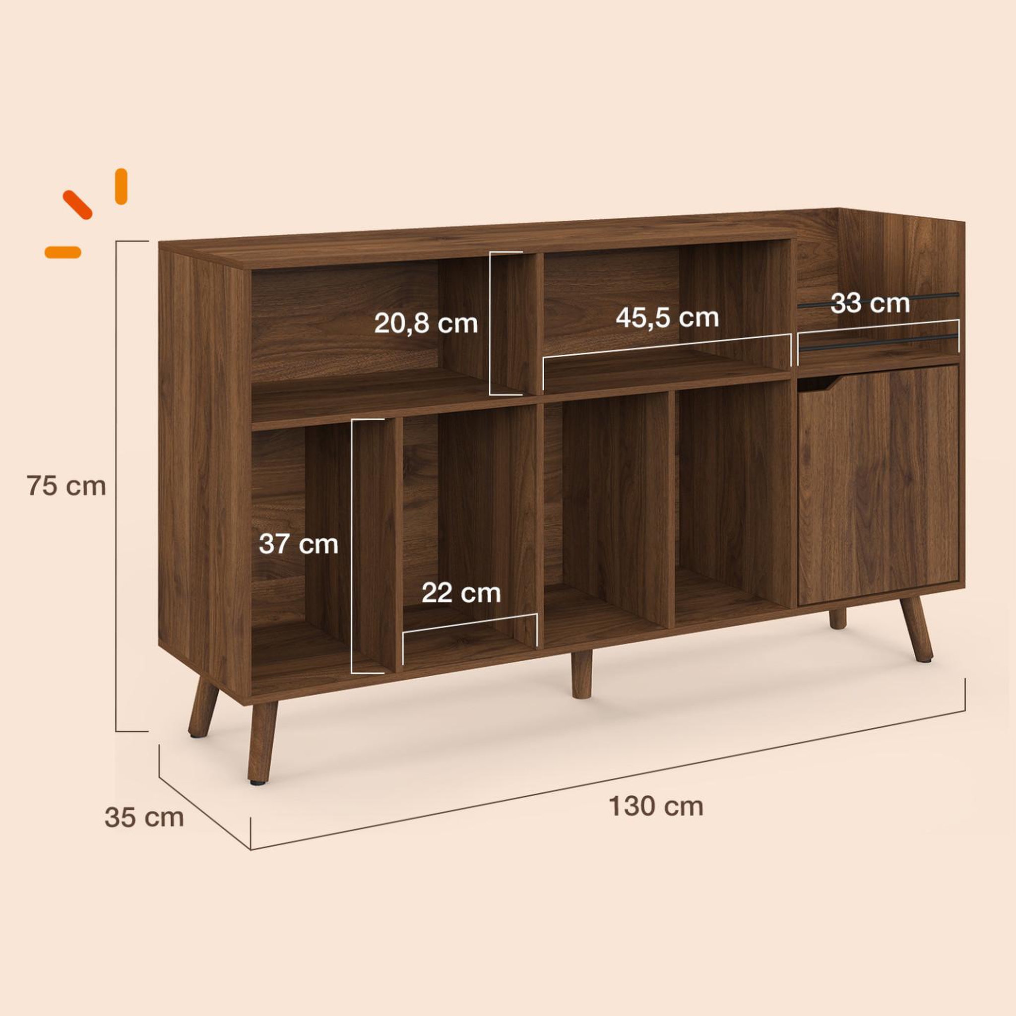 Voir la diapositive 4 : ID MARKET Meuble d'appoint, buffet de rangement avec étagères, supports vinyles, platine et placard 130 cm SIENNA vintage effet noyer
