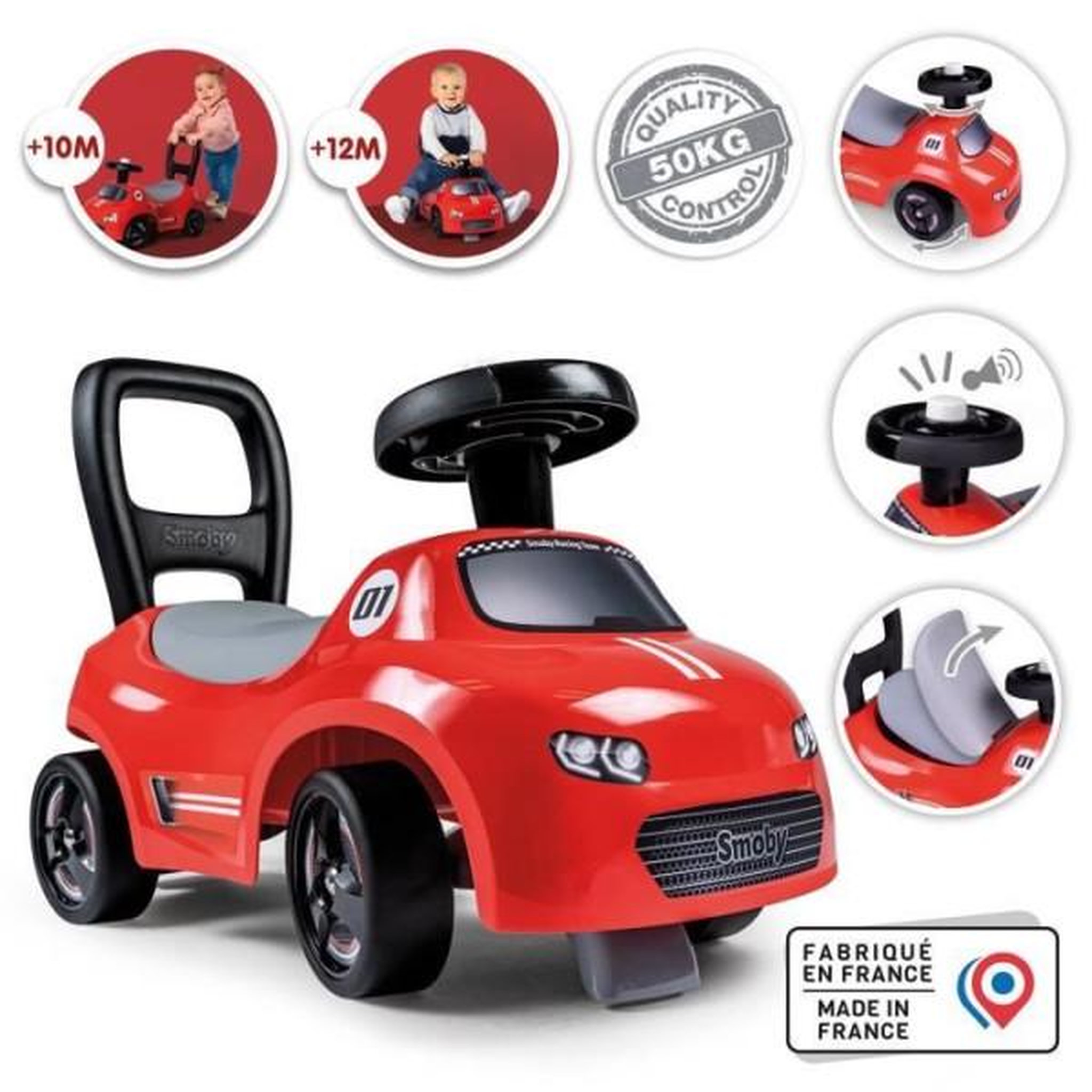 SMOBY Porteur trotteur smoby -  enfant 2 en 1 - auto rouge - coffre sous la selle + klaxon - des 10 mois - fabrication française
