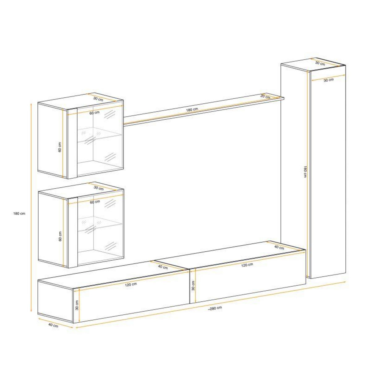 Paris Prix Meuble TV Mural Design  Switch XVIII  280cm Blanc & Noir