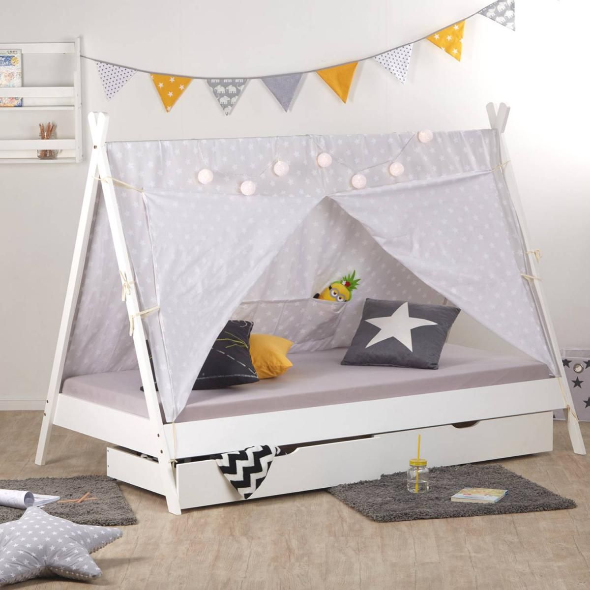 HomeStyle4U Lit enfant Tipi 90x200 Blanc avec Sommier à Lattes Tiroir 2 tiroirs et Tissu de Tente Gris étoilé