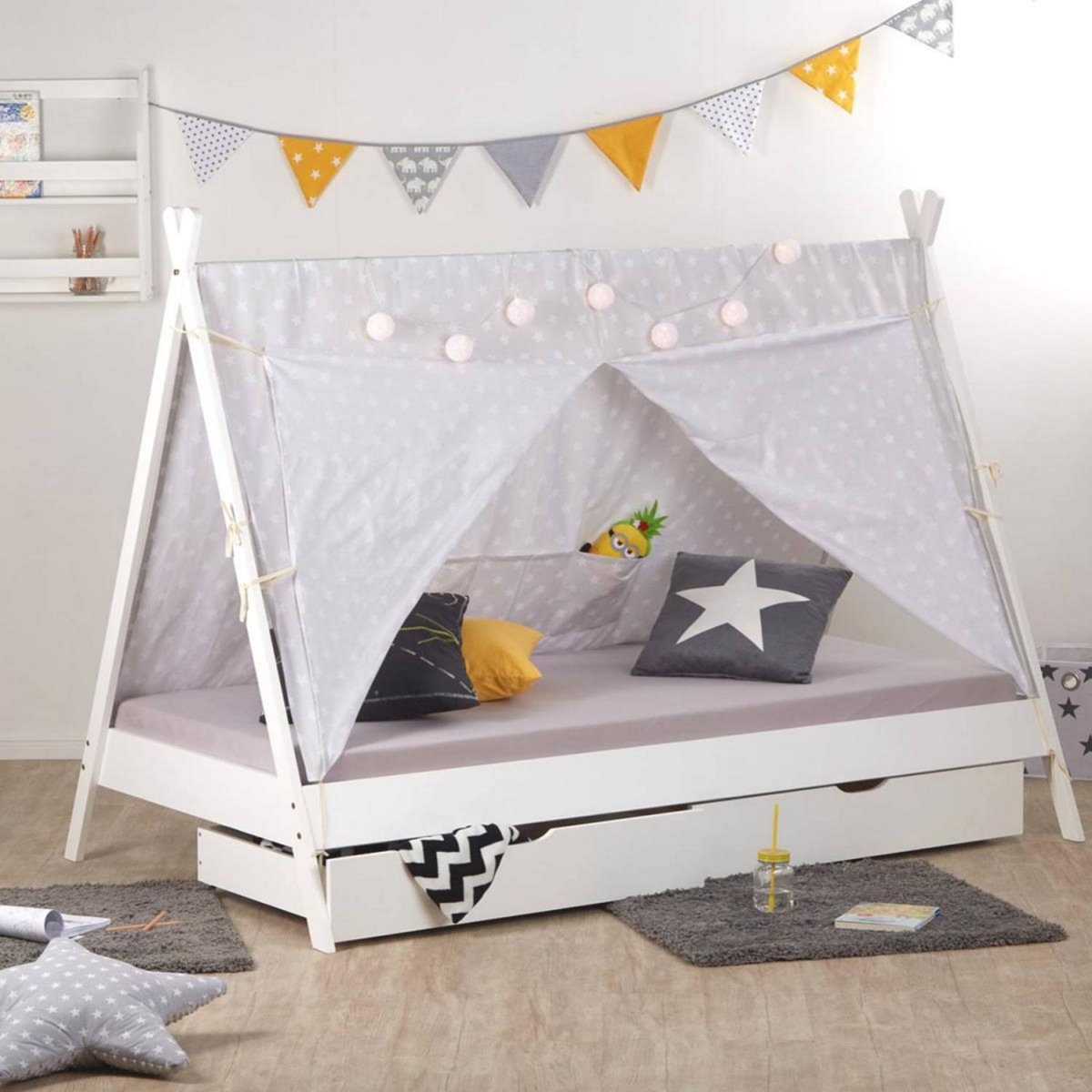 HomeStyle4U Lit enfant Tipi 90x200 Blanc avec Sommier à Lattes Tiroir 2 tiroirs et Tissu de Tente Gris étoilé
