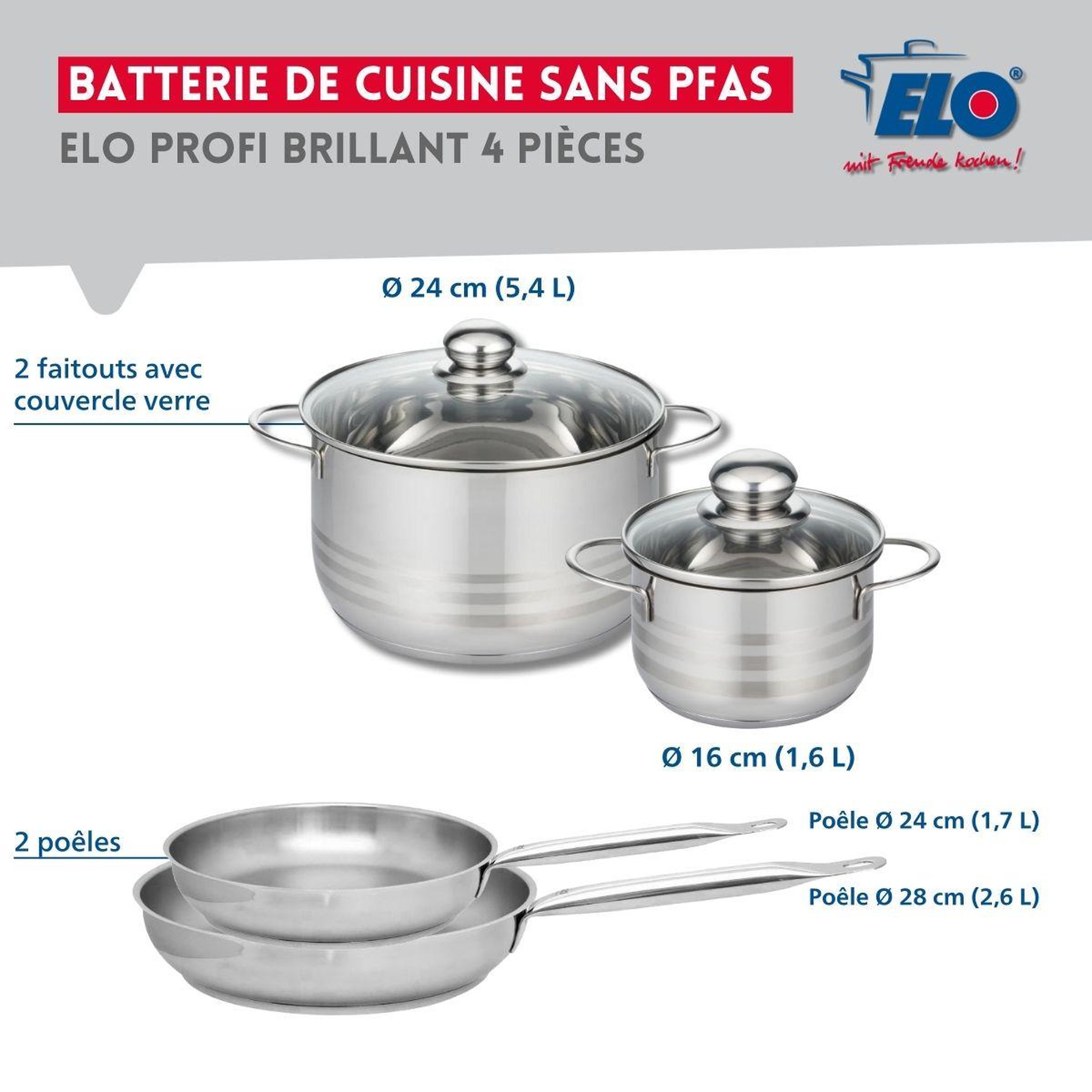 Voir la diapositive 2 : ELO Ensemble de 2 poêles de cuisson 24 et 28 cm et 2 faitouts 16 et 24 cm elo profi brillant