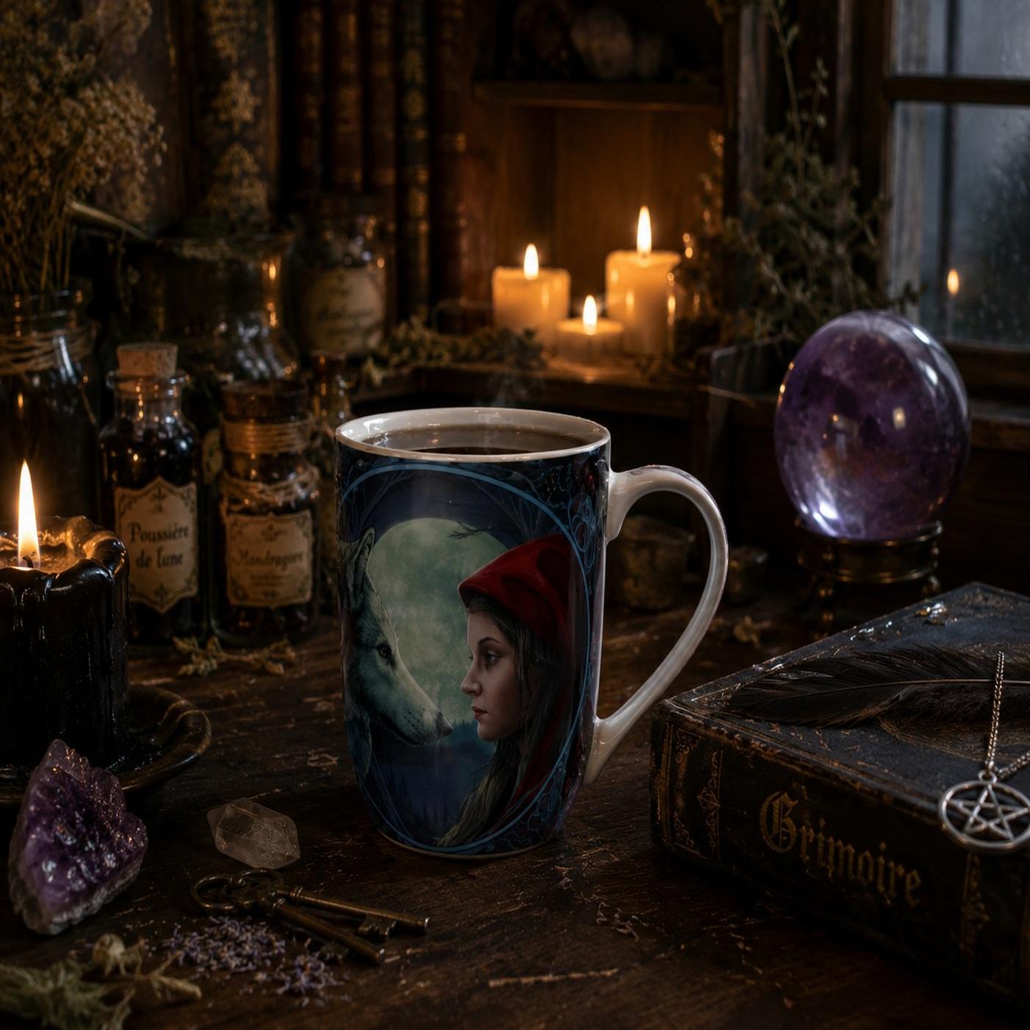 Voir la diapositive 6 : Eden Mug chaperon rouge et loup sous la pleine lune par lisa parker