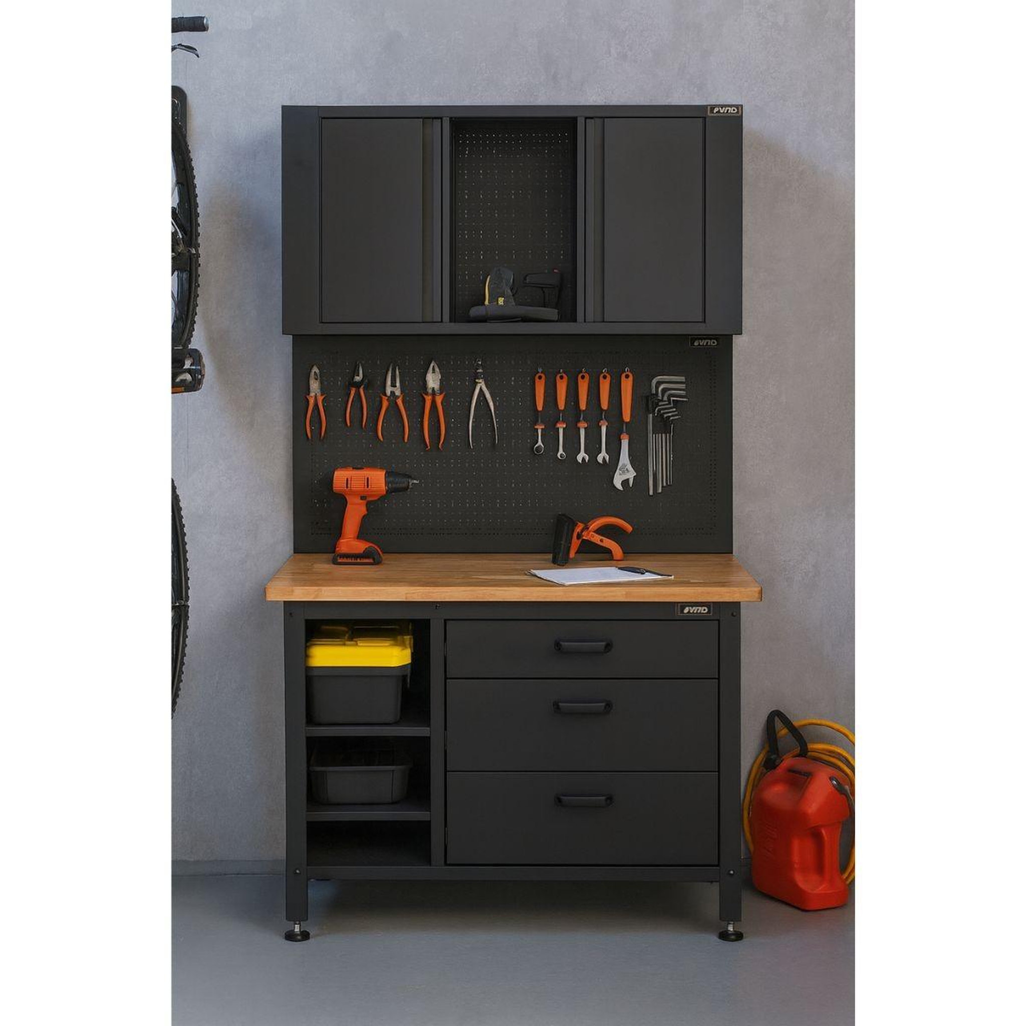 Voir la diapositive 3 : VITO Etabli d'Atelier Garage avec Armoire de Rangement - Plan de travail Bois 2 Armoires 3 tiroirs Panneau perforé Charge 500kg VITO