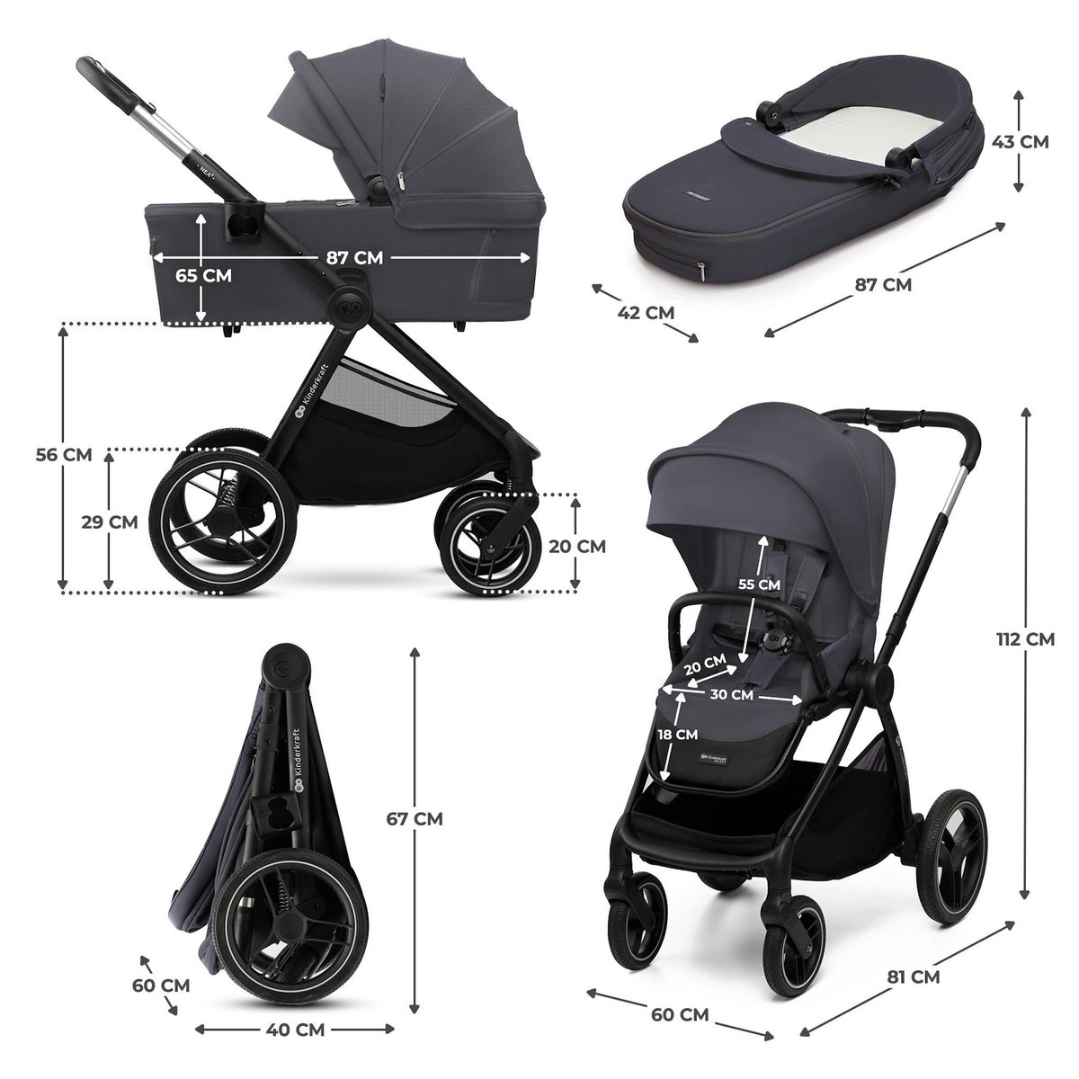 KINDERKRAFT Poussette combinée polyvalente 2 en 1 avec siège réversible à 27 kg