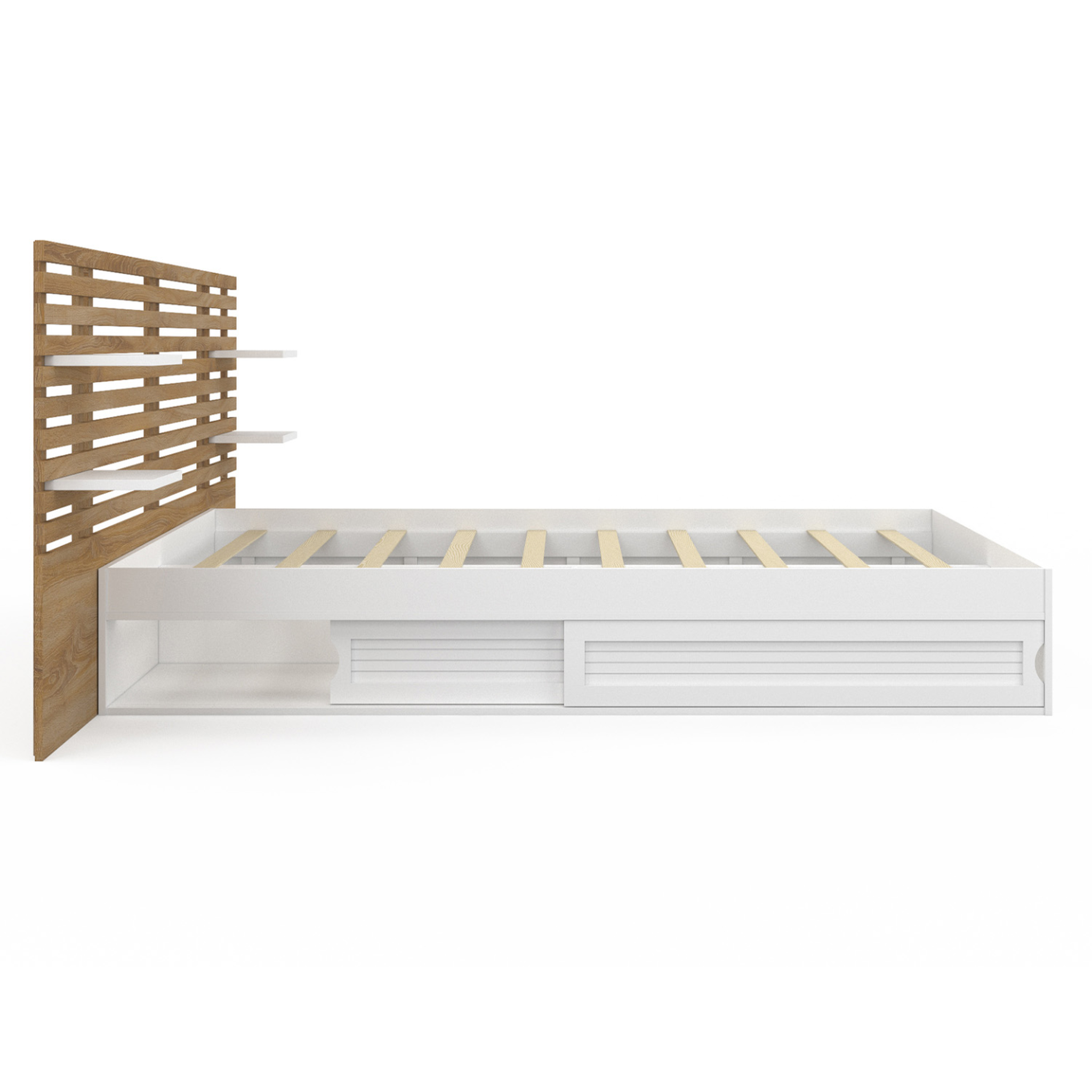 Voir la diapositive 4 : ID MARKET Lit double savana avec tête de lit, chevets, rangements et sommier 140 x 190 cm blanc et façon hêtre