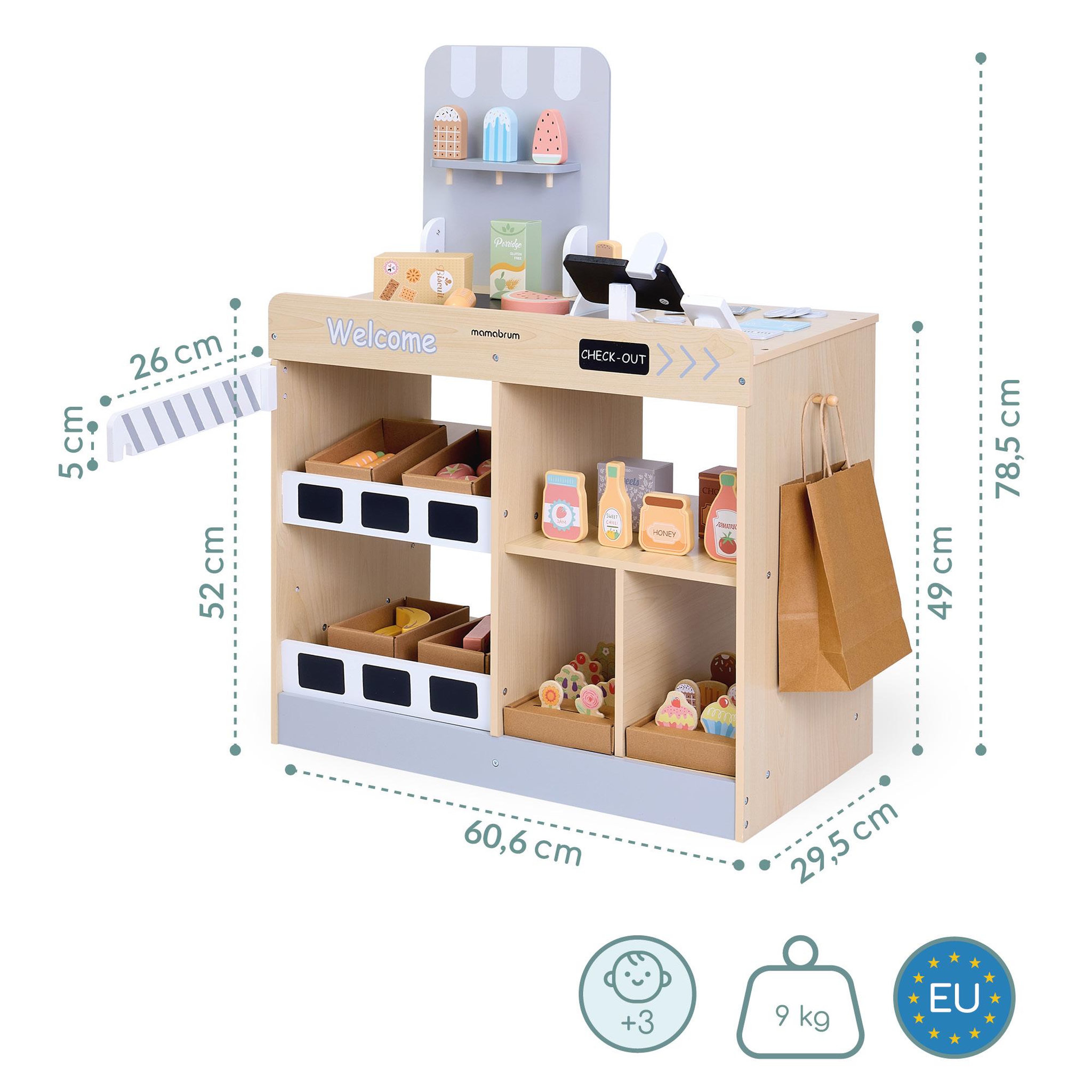 Voir la diapositive 3 : MAMABRUM Marchande Bois Enfant Mamabrum Sklep Jouet Caisse 60 Accessoires Supermarche 3 Ans
