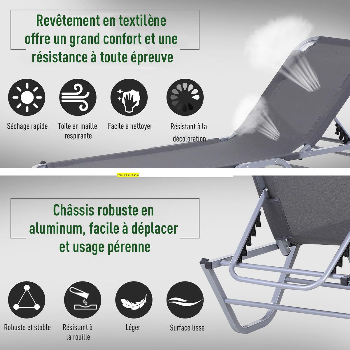 OUTSUNNY Bain de soleil transat design contemporain dossier inclinable multi-positions alu textilène gris