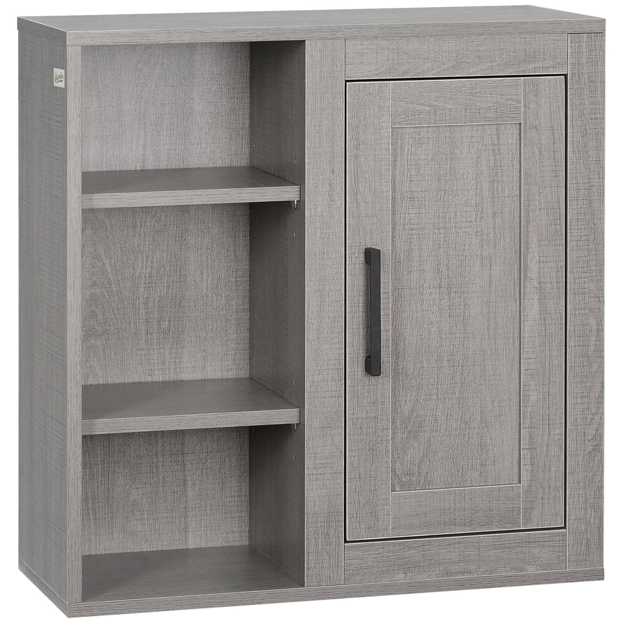 KLEANKIN Armoire haute murale de salle de bain ou wc placard 1 porte 3 niches dim. 48l x 20l x 50h cm panneaux particules gris