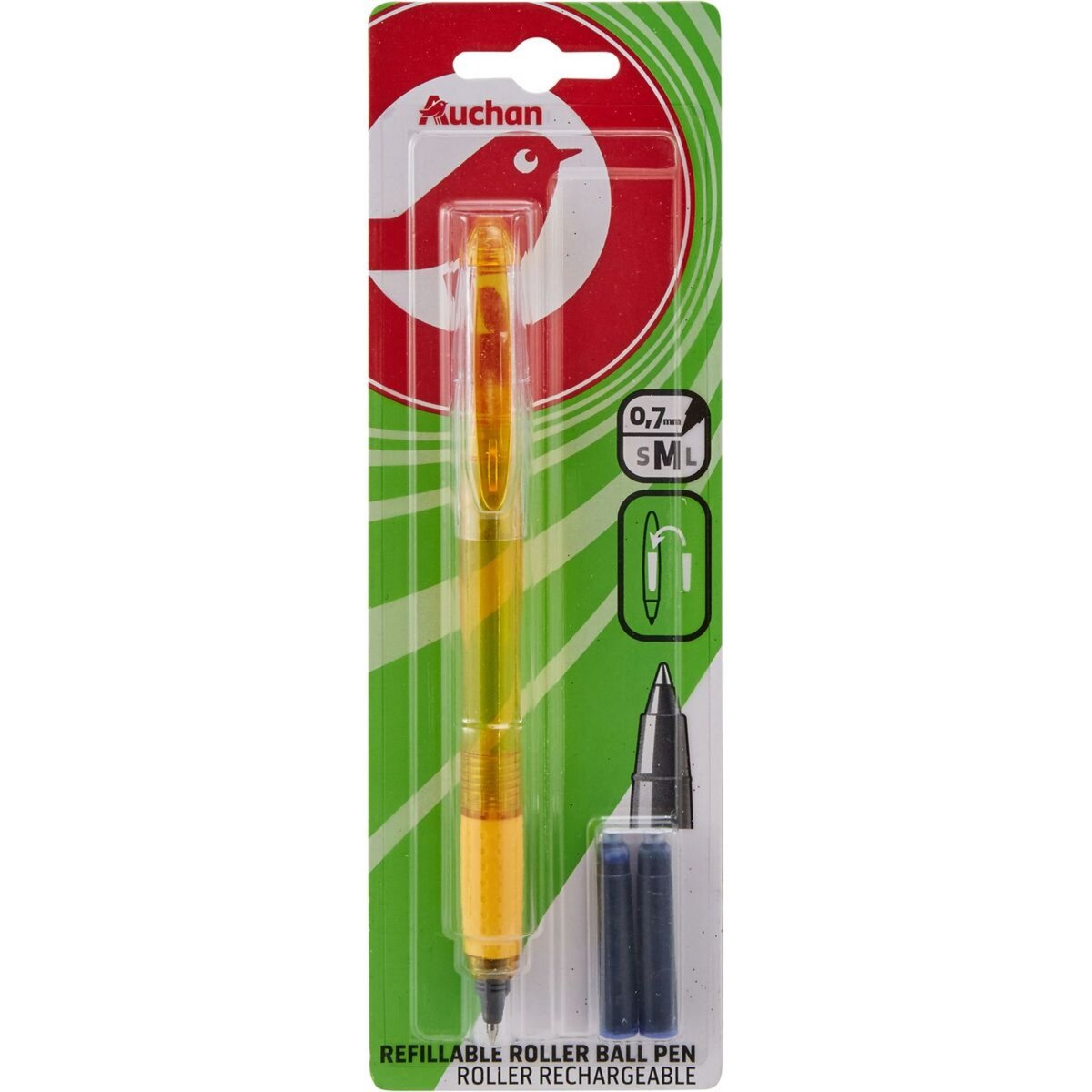 AUCHAN Stylo plume roller ball rechargeable + 2 cartouches jaune
