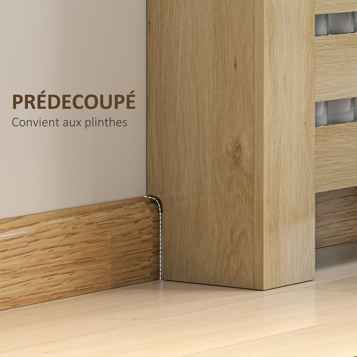 HOMCOM Couvercle de radiateur, cache radiateur, grille à lattes horizontales, avec 2 tiroirs, 111 x 19 x 95,5 cm, couleur aspect bois