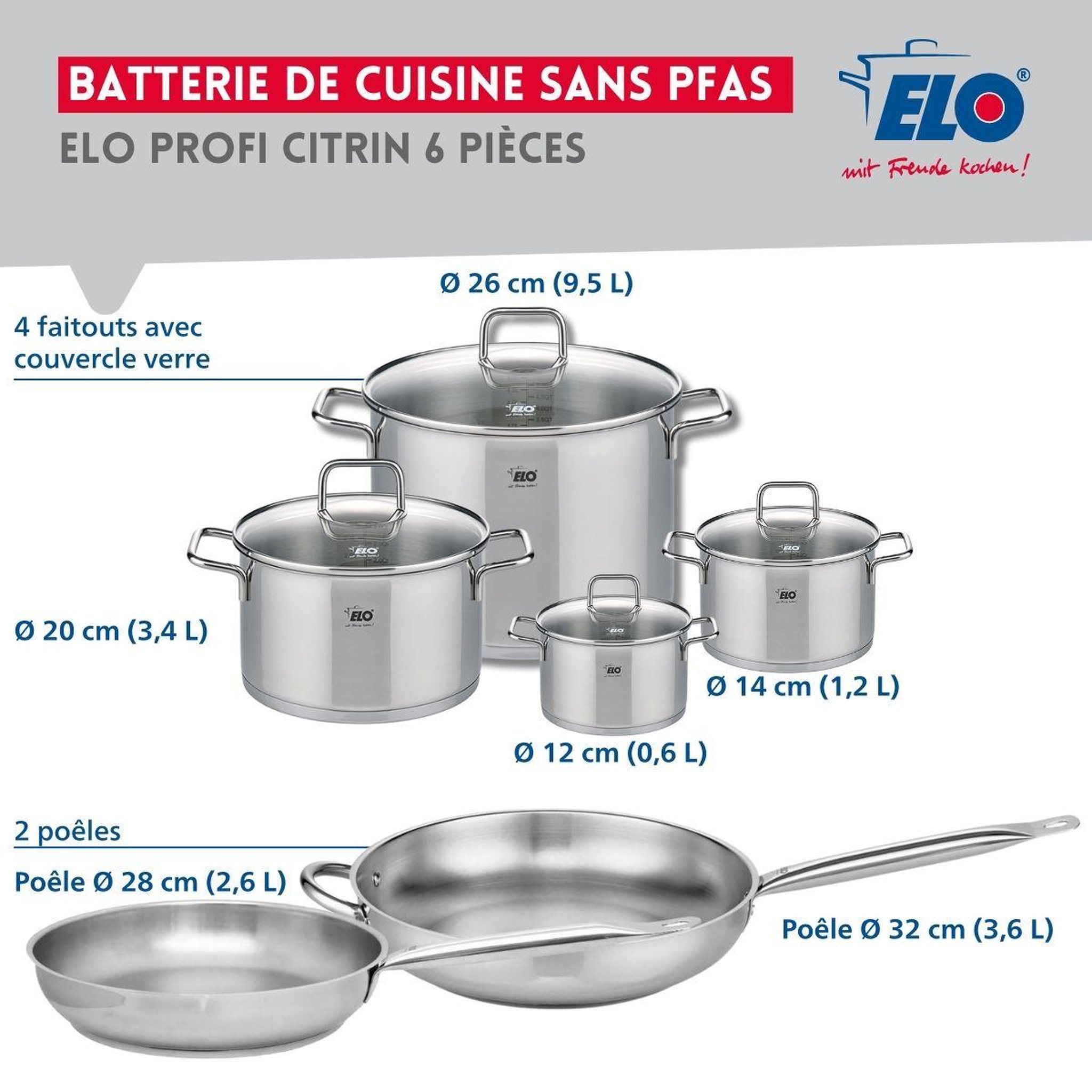 Voir la diapositive 2 : ELO Ensemble de 2 poêles de cuisson 28 et 32 cm et 4 faitouts 12, 14, 20 et 26 cm elo profi citrin