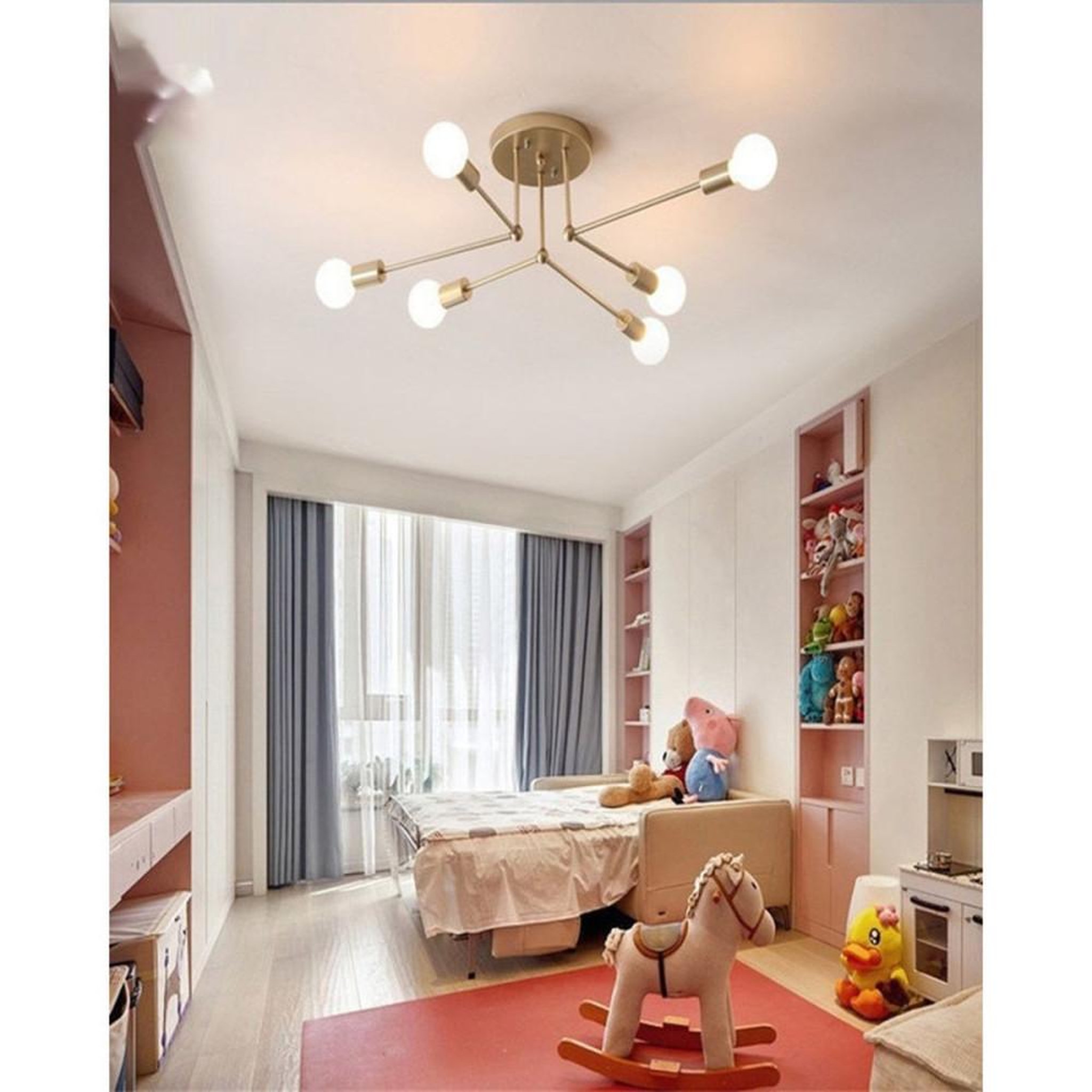 Voir la diapositive 4 : Lustre suspension style nordique moderne 6 lampes à finition dorée, verre transparent, ampoules LED E27